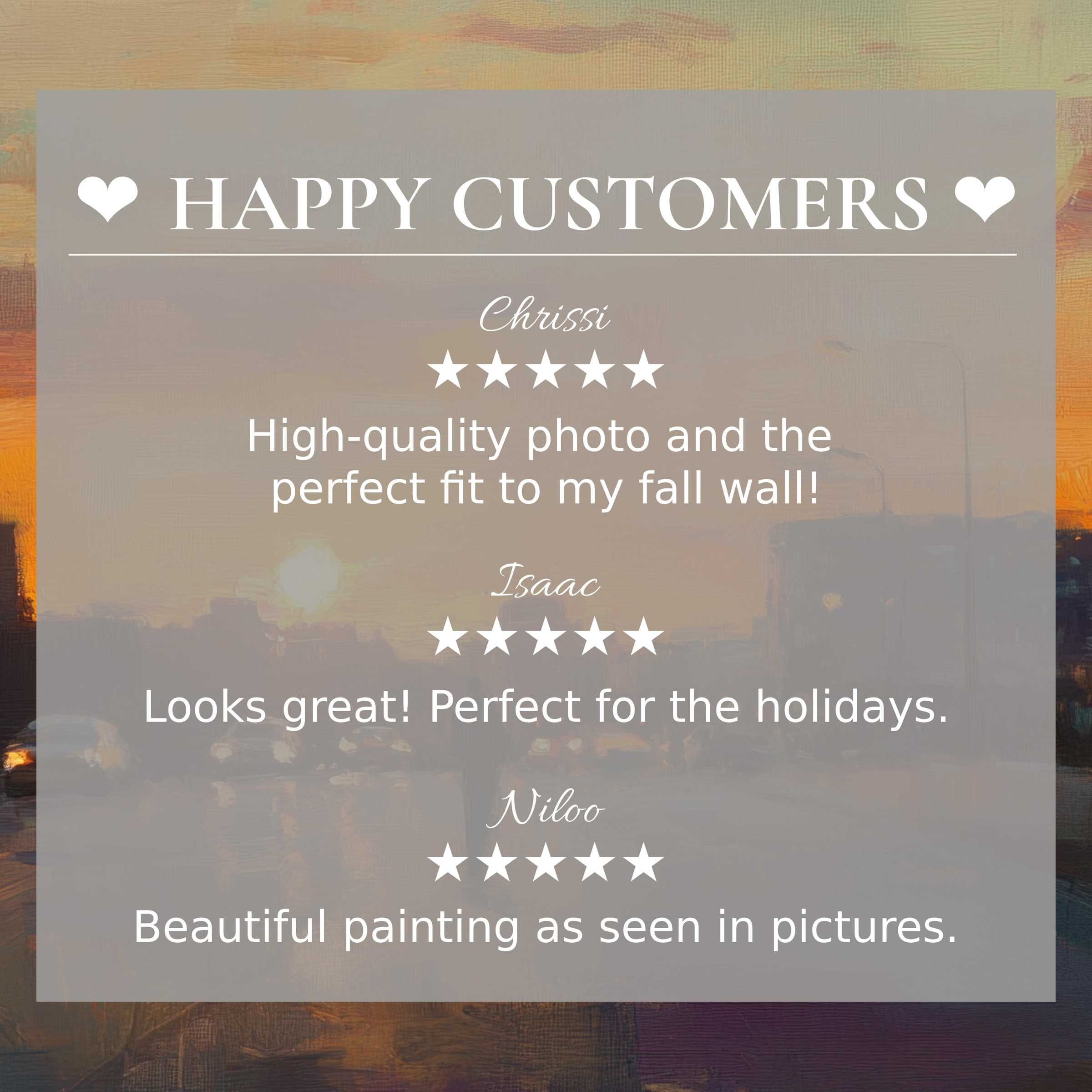 Urban art for Frame TV with abstract sunset hues, highlighting a happy customer and trusted elegant reviews