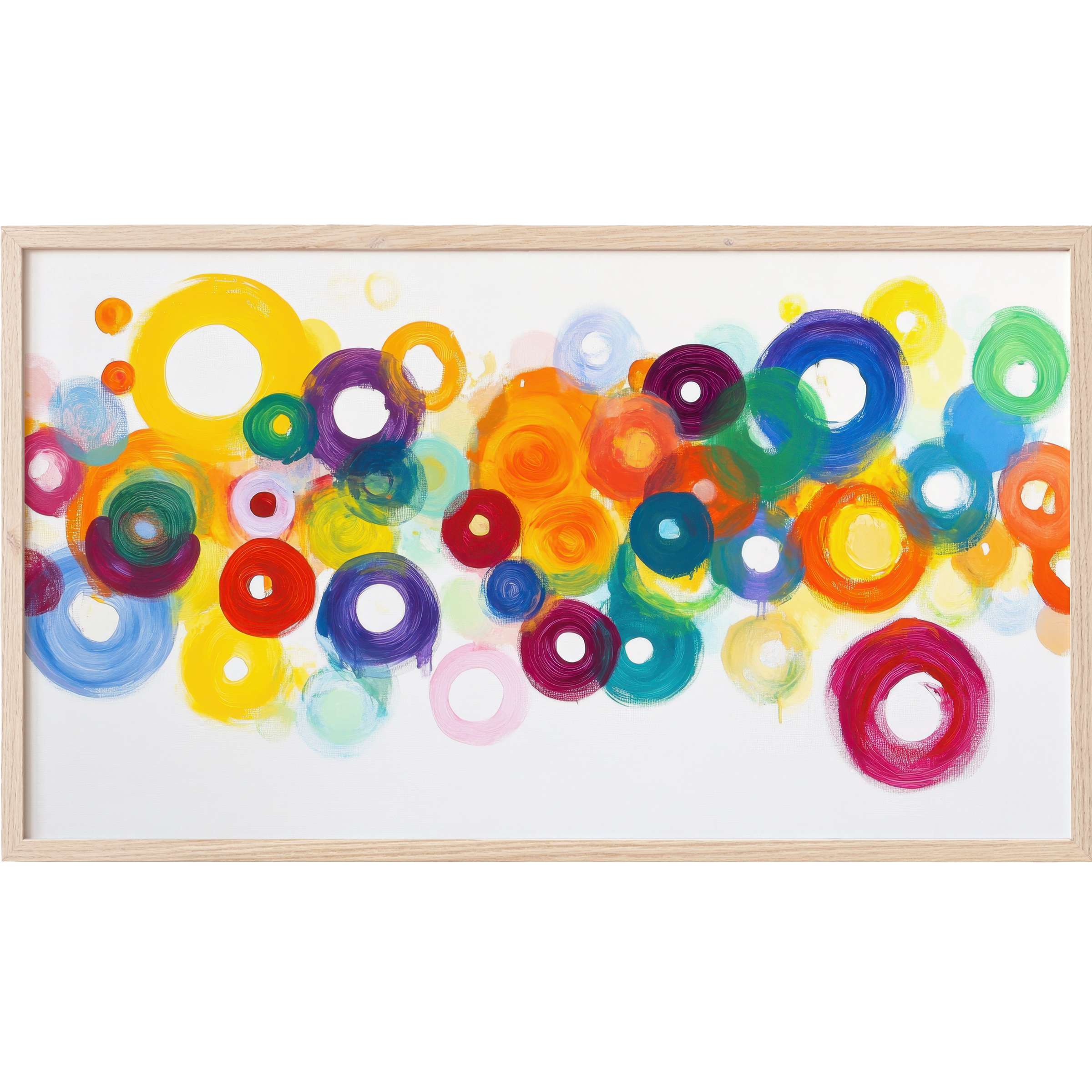 Vibrant abstract Frame TV Art with swirling multicolor circles on white, blending modern elegance with playful energy
