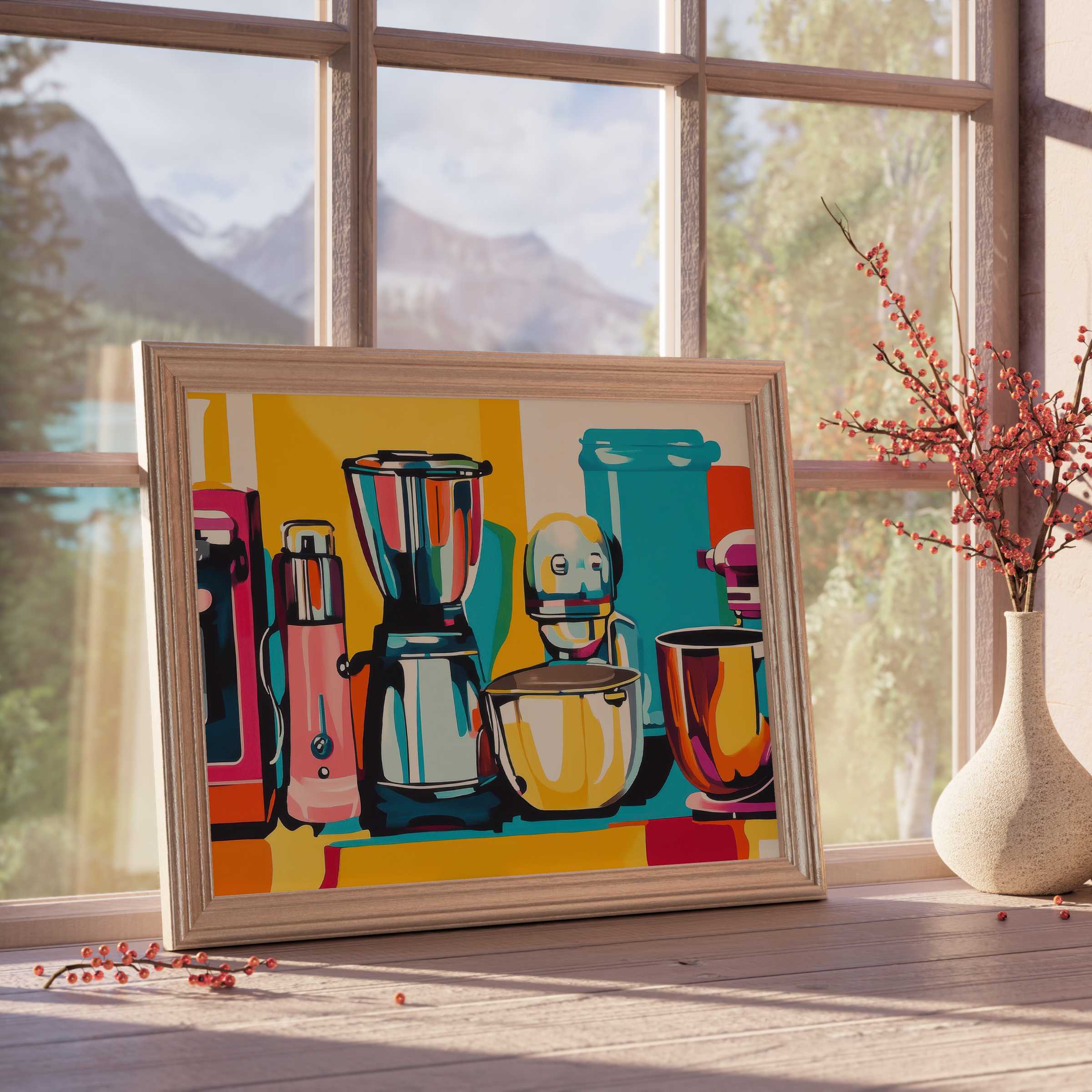 Vibrant pop art downloadable art captures retro kitchen appliances in a rich color palette, elevating curated, modern interiors with dynamic, stylish charm