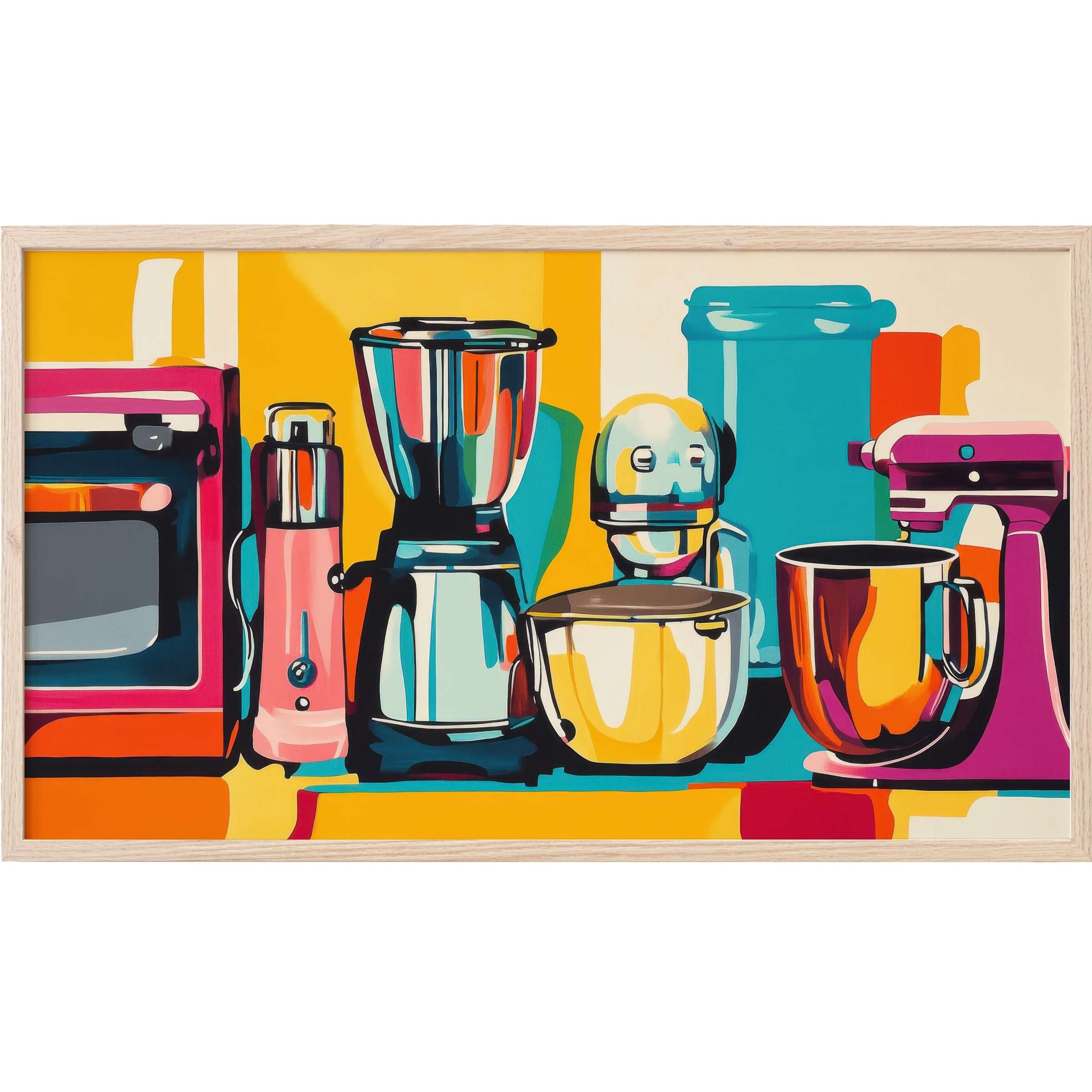 Pop art Frame TV Art of vibrant kitchen appliances in bold oranges, pinks, blues with sleek, modern graphic style