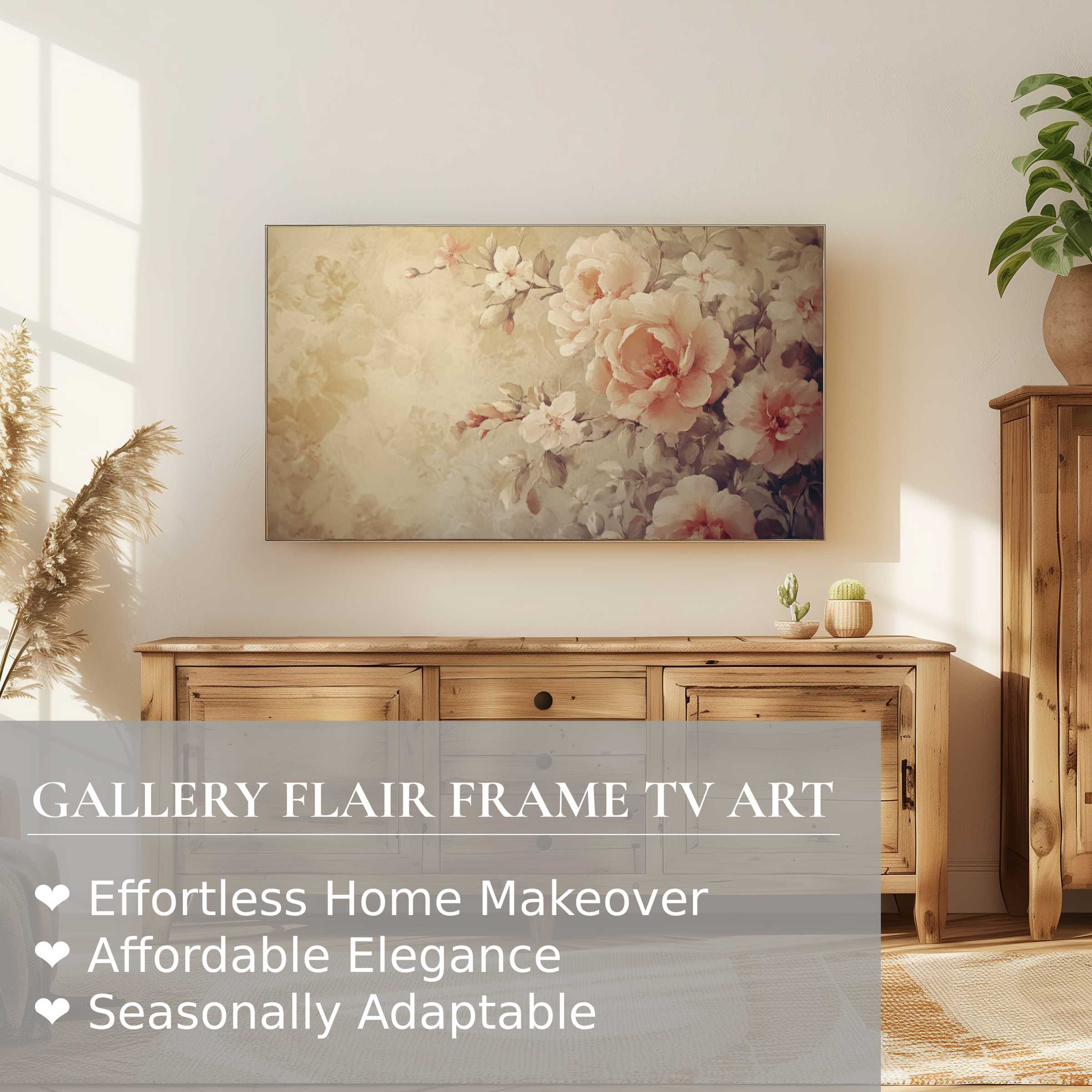 Modern Samsung Frame TV displays elegant botanical digital artwork in a warm, natural-toned living space with refined decor