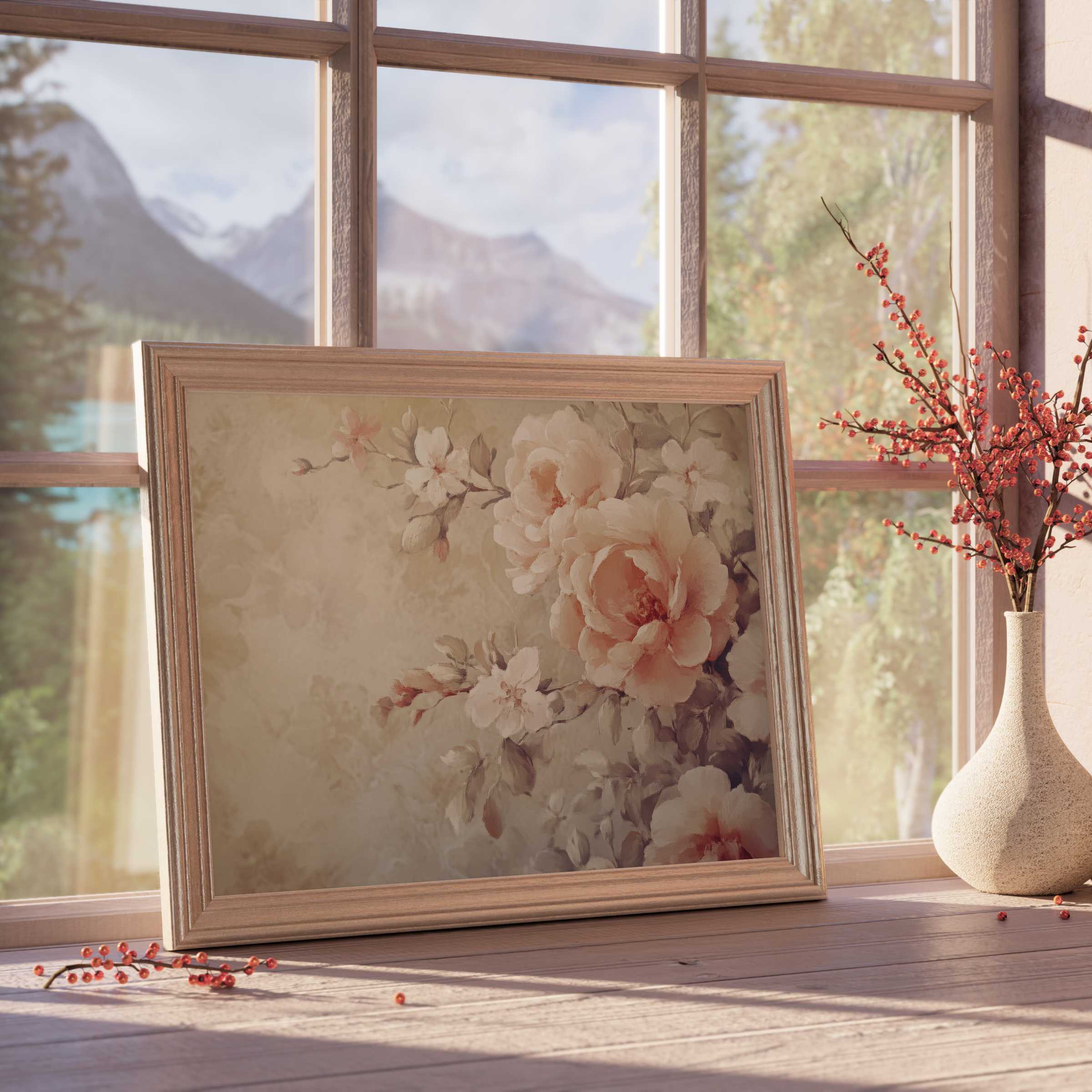 Elegant botanical downloadable art featuring soft blush peonies in a natural wood frame, elevating tranquil, curated interiors