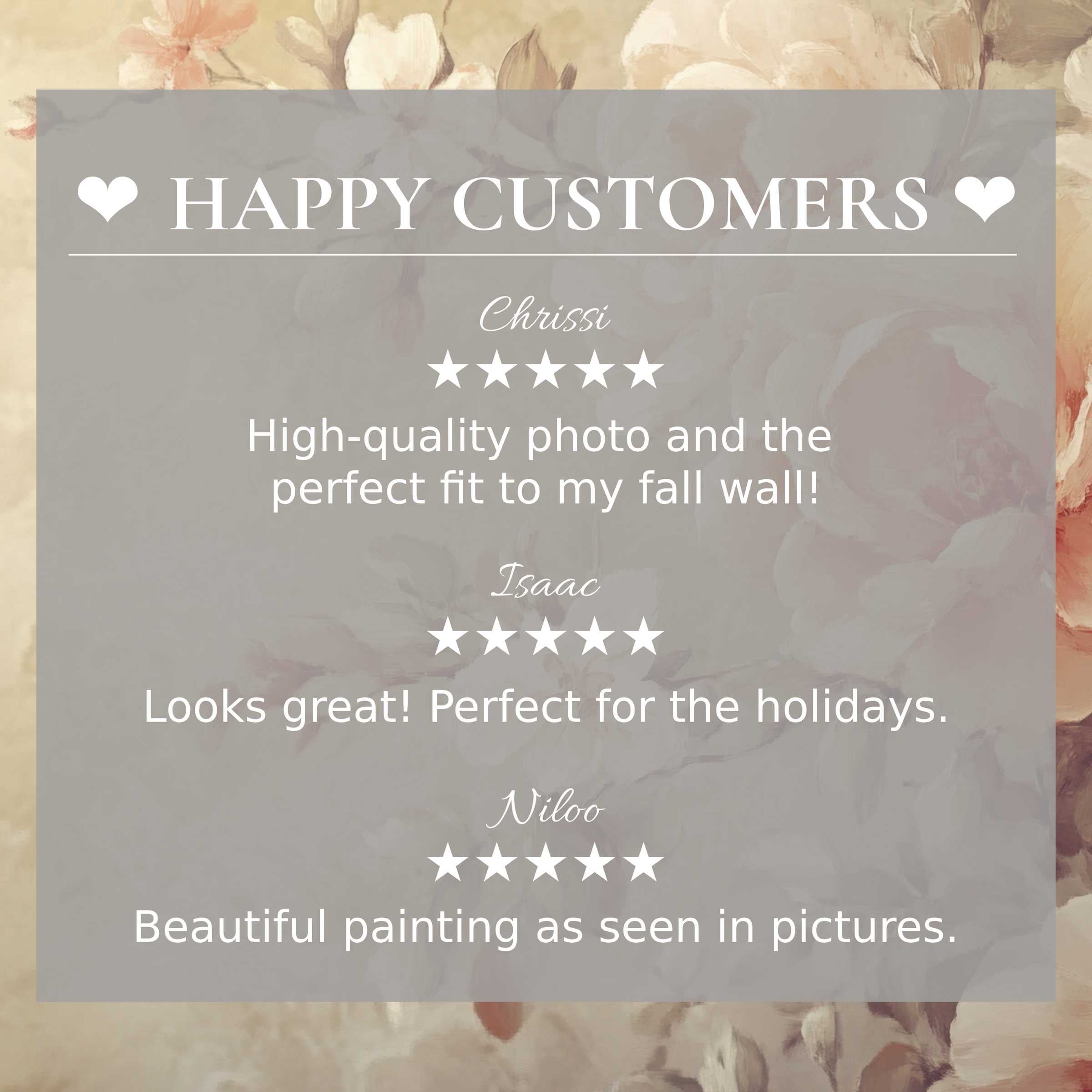 Refined layout with botanical art for Frame TV, soft floral background, and trust-building happy customer reviews