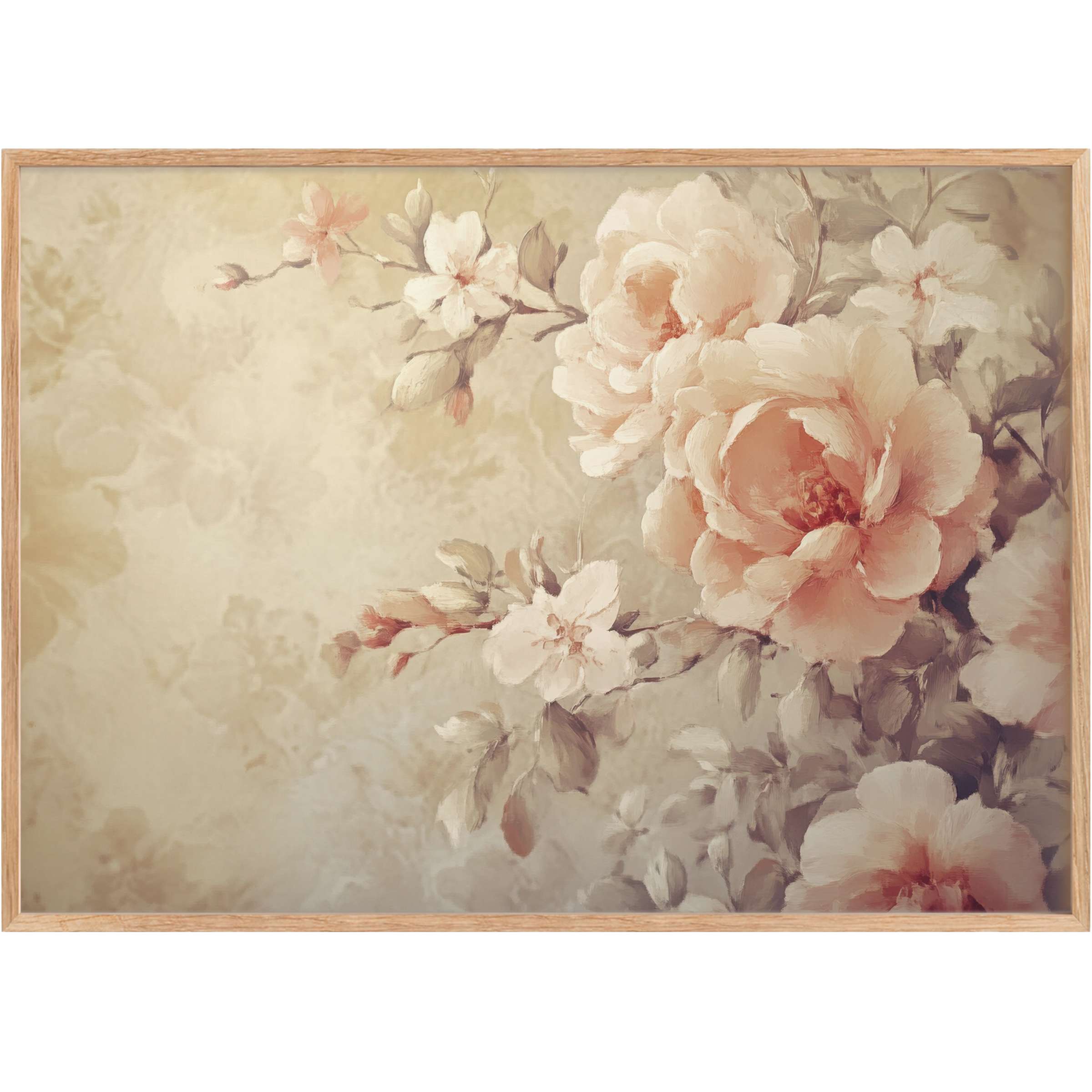 Botanical printable wall art featuring soft peach and cream blooms, creating a serene, timeless ambiance for elegant interiors