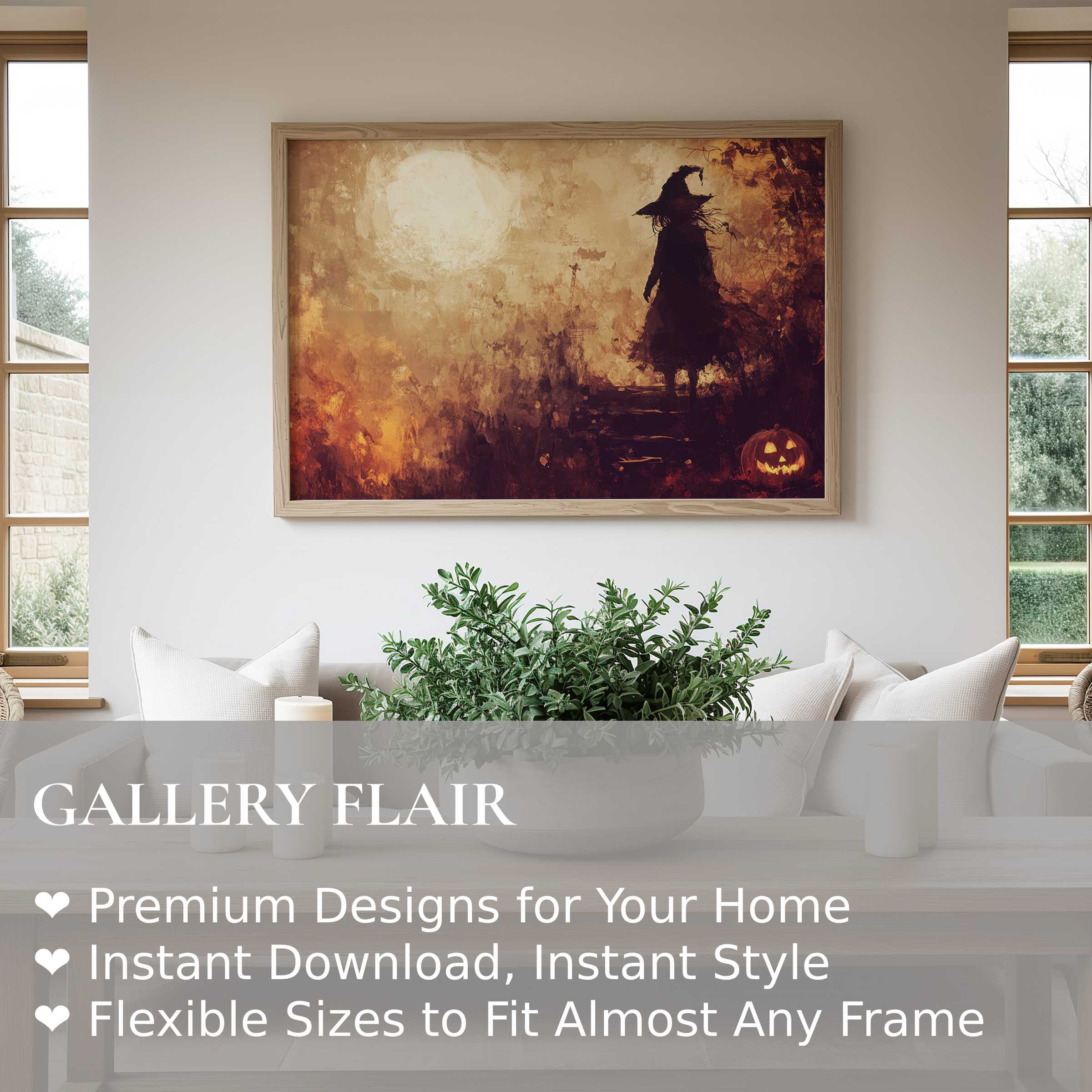 Halloween wall art print featuring a bold, shadowy witch silhouette and glowing jack-o'-lantern, enhancing modern rustic interiors with atmospheric autumnal warmth