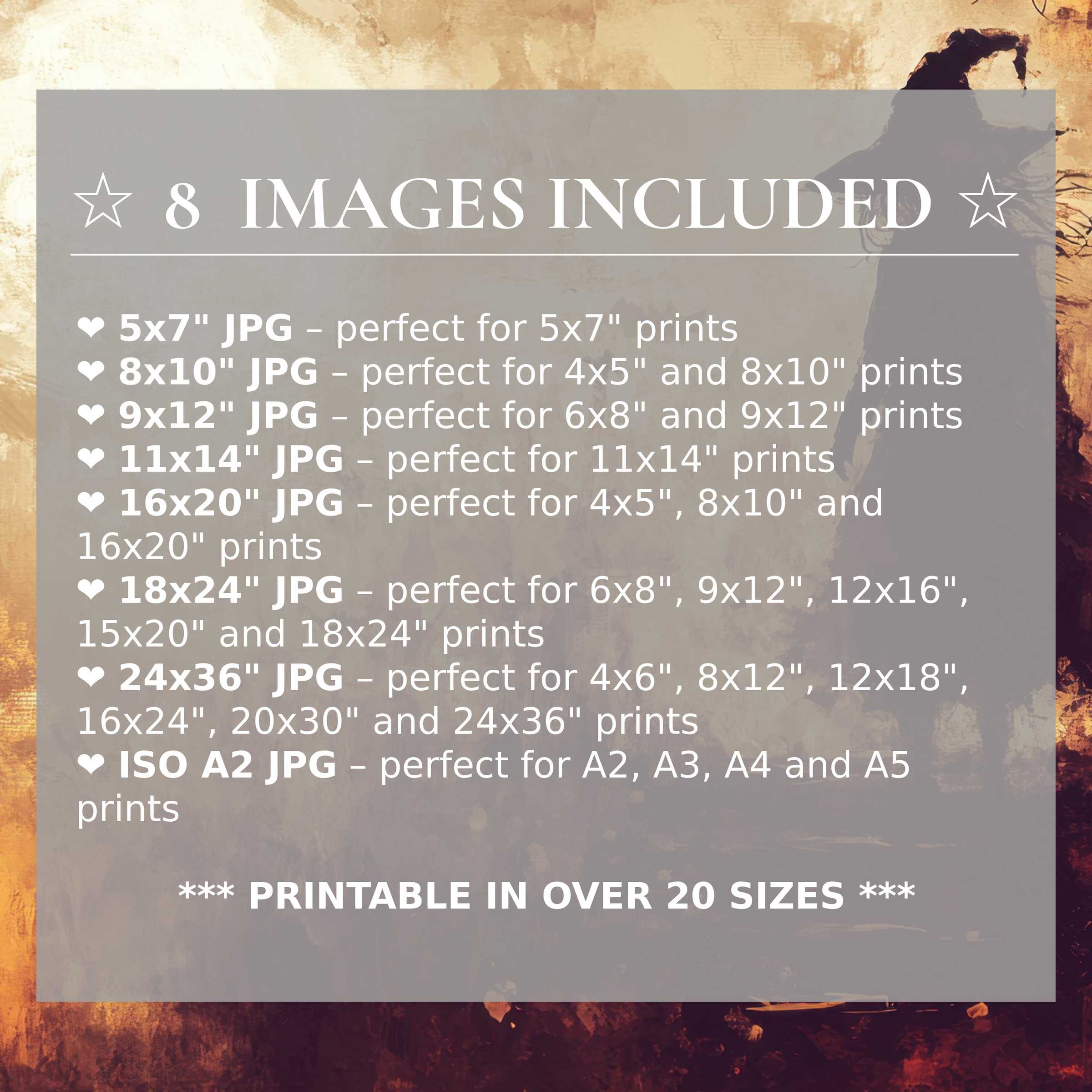 Halloween digital print featuring radiant amber and deep shadow hues, offered in 8 high-quality sizes included, perfect for elevating modern interiors with versatile, luxurious style and timeless allure