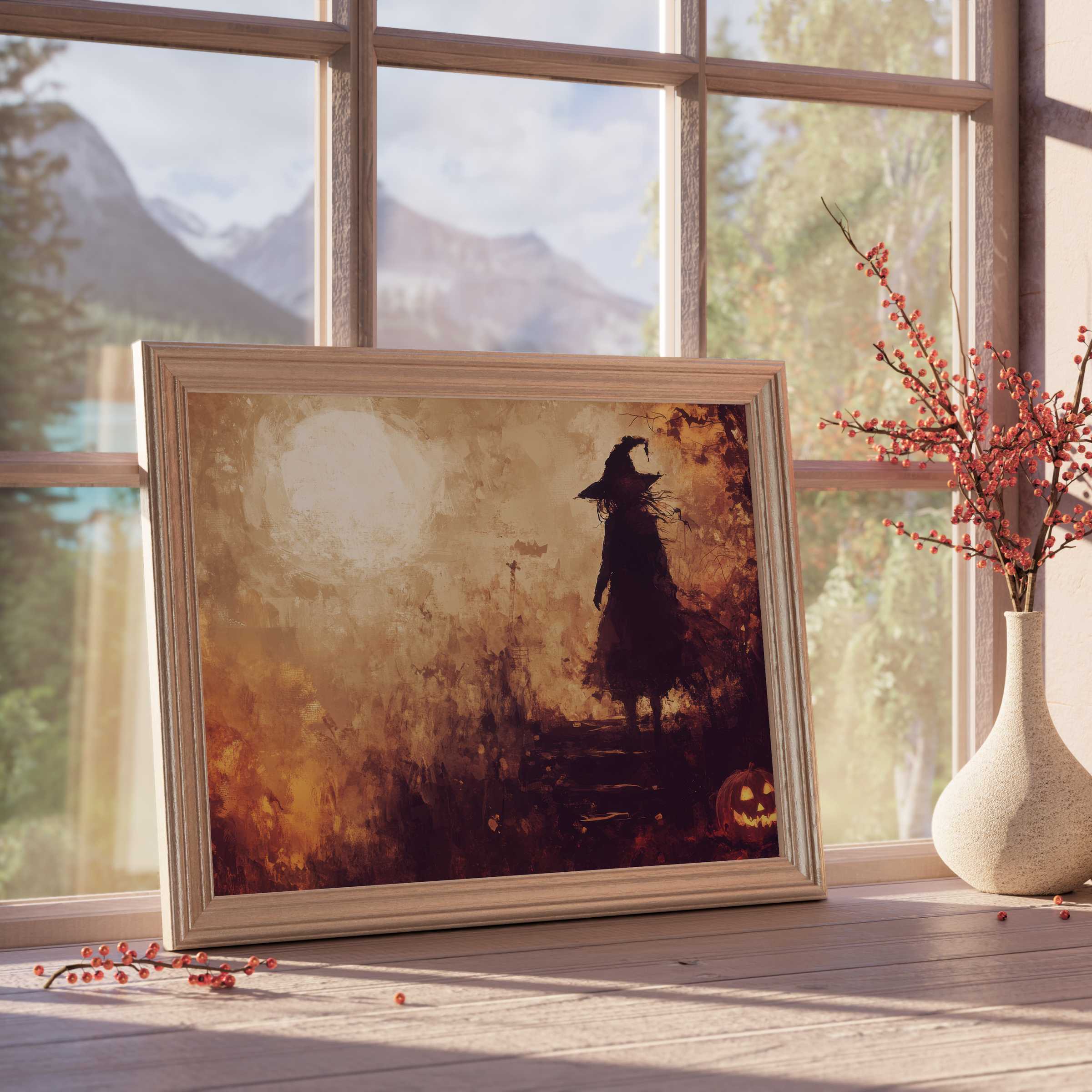 Enchanting halloween downloadable art with a mysterious witch silhouette and glowing pumpkin, perfect for curated, tranquil interiors