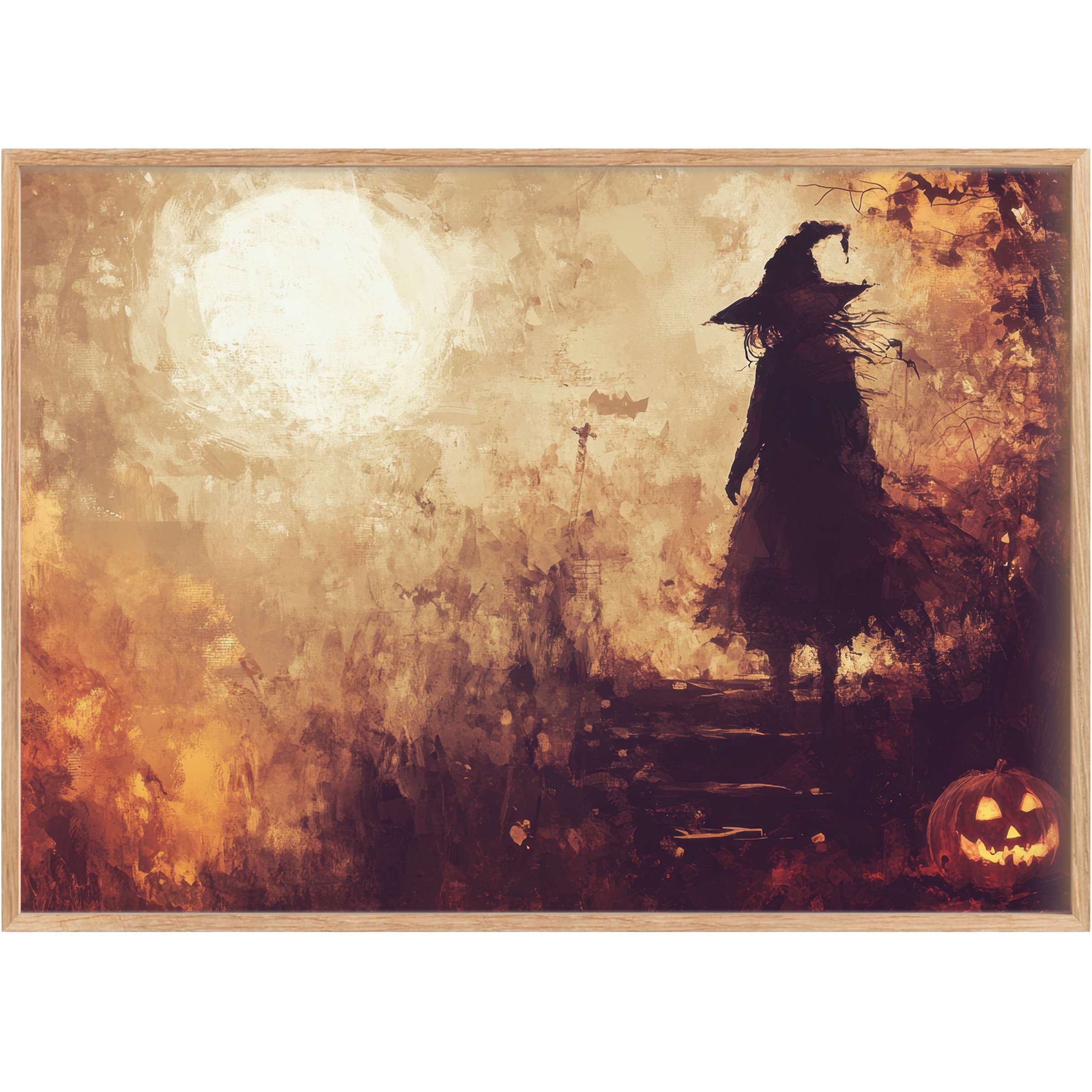 Enchanting halloween printable wall art featuring a mysterious witch silhouette and glowing pumpkin, evoking warm, haunting autumn nights