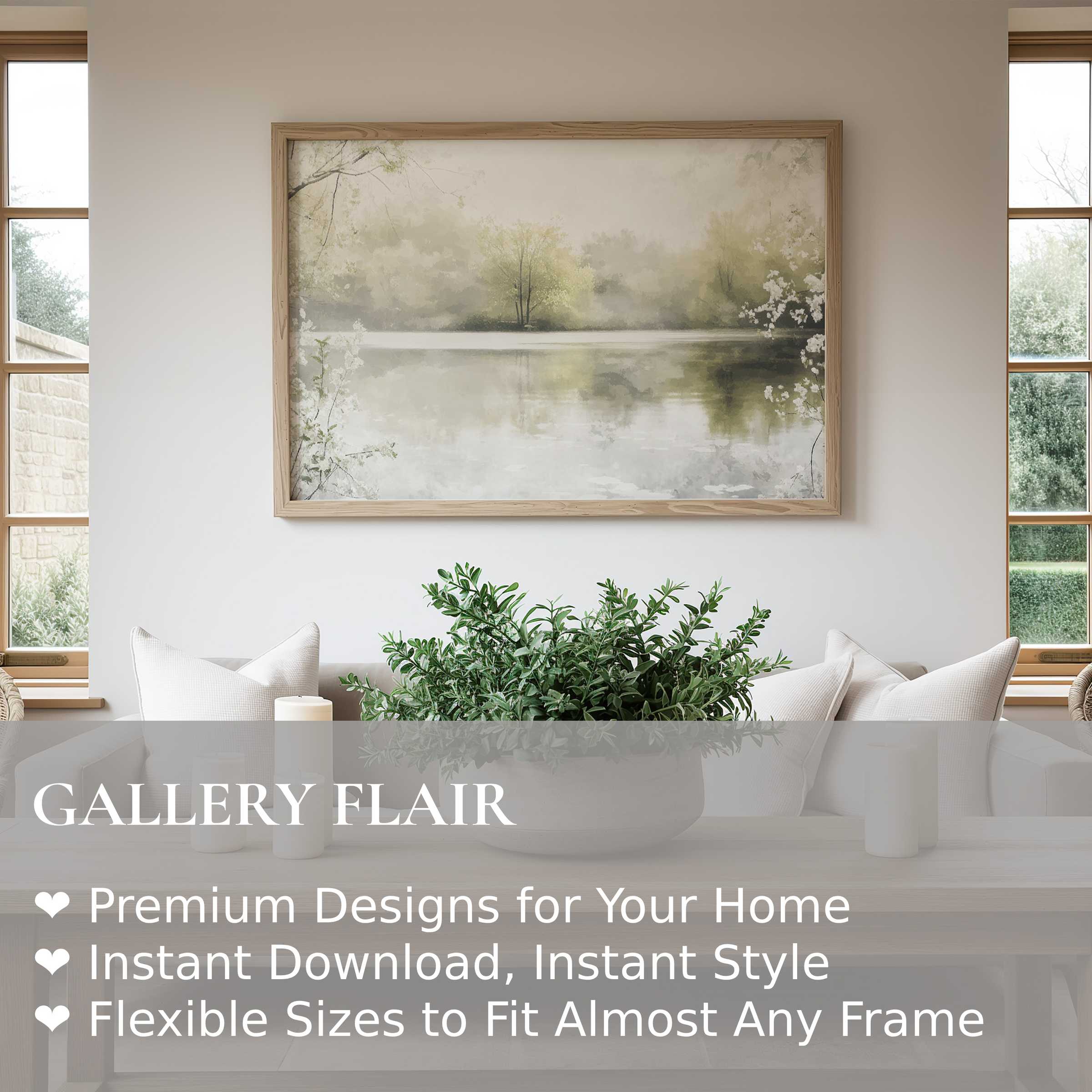 Serene spring wall art print capturing a misty lakeside with soft greens and neutrals, enhancing modern minimalist interiors