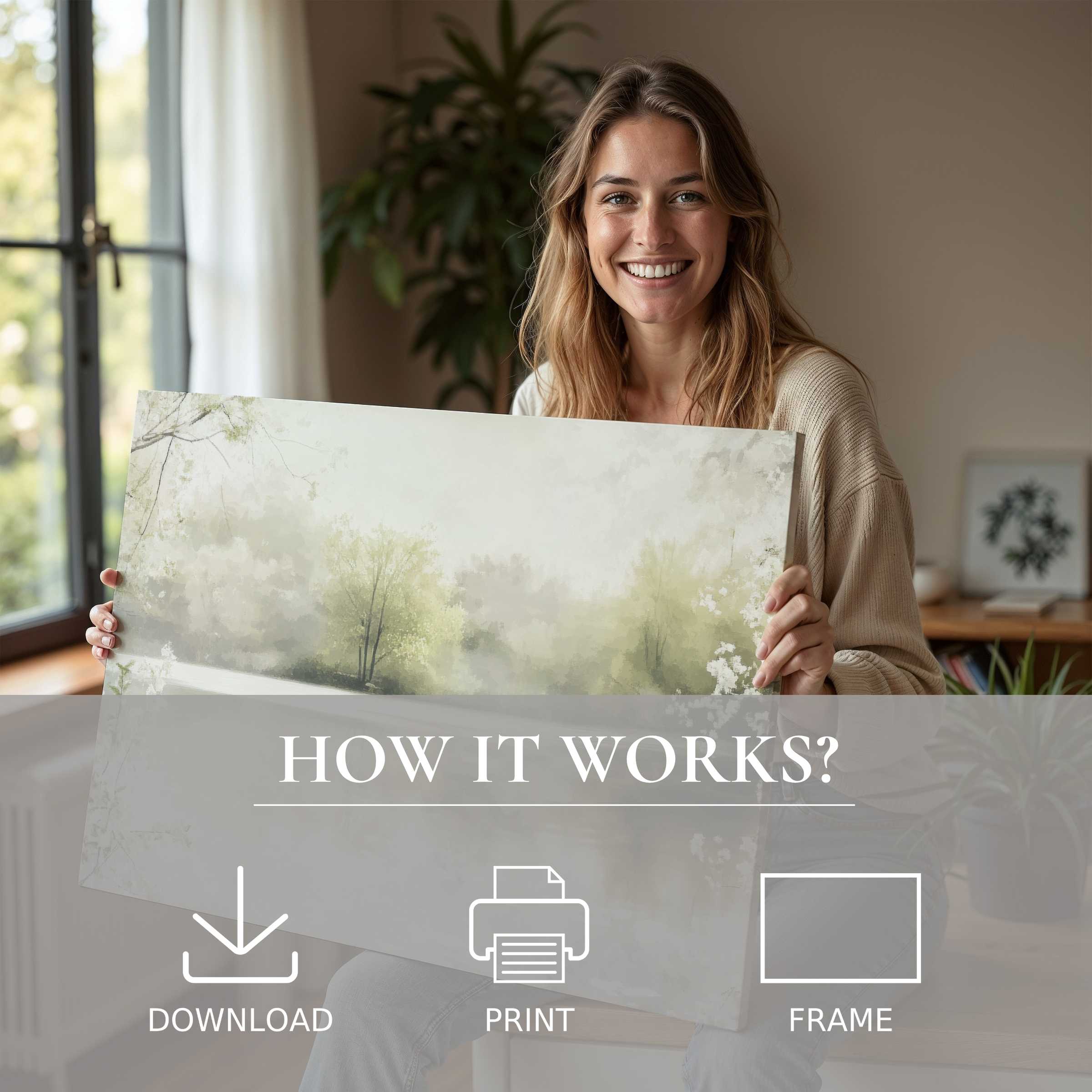A serene moment of connection and joy as a woman embraces a spring digital art print, bringing tranquil nature tones into a modern home