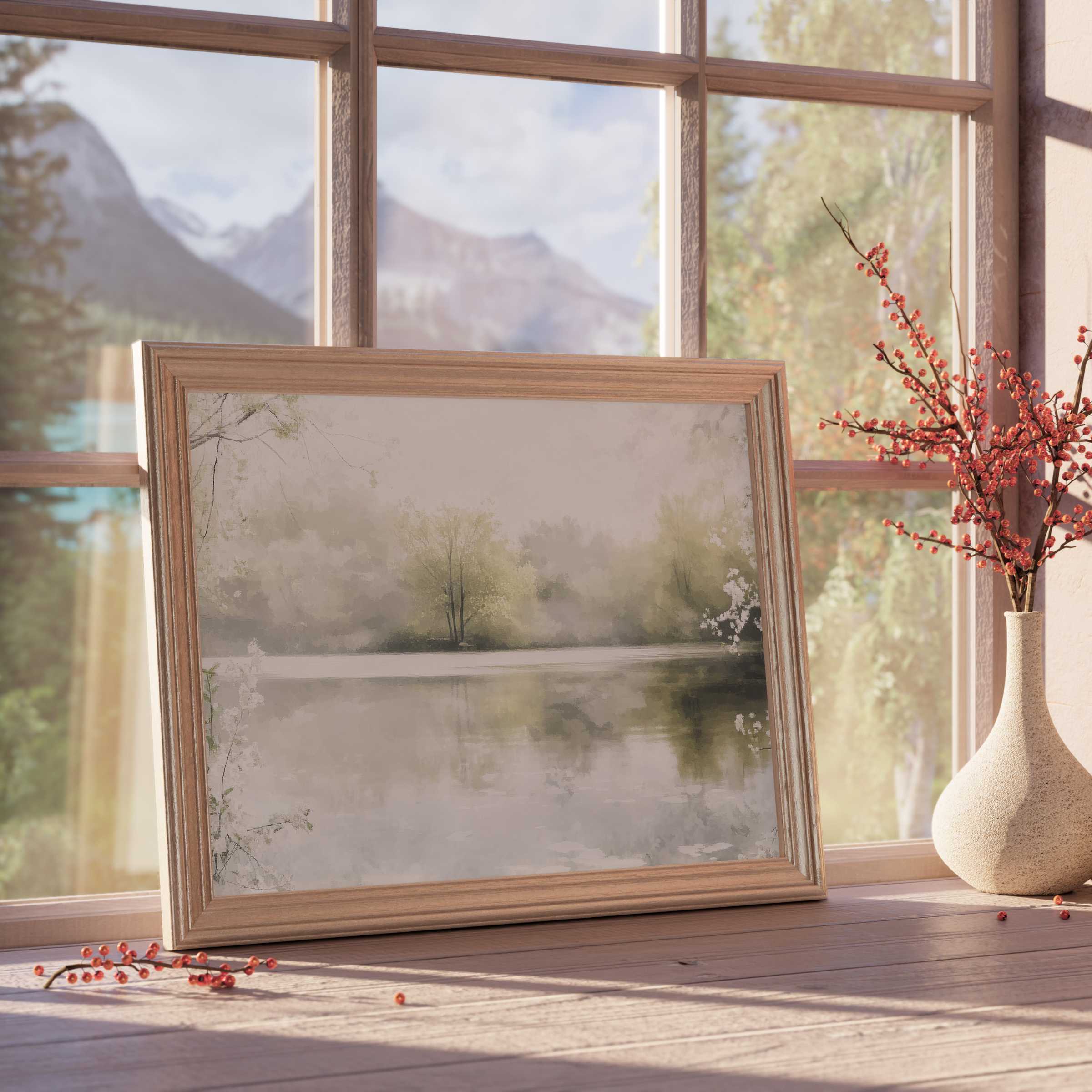 Tranquil spring downloadable art capturing misty lake reflections, perfect for elevating serene, curated interiors with soft natural light