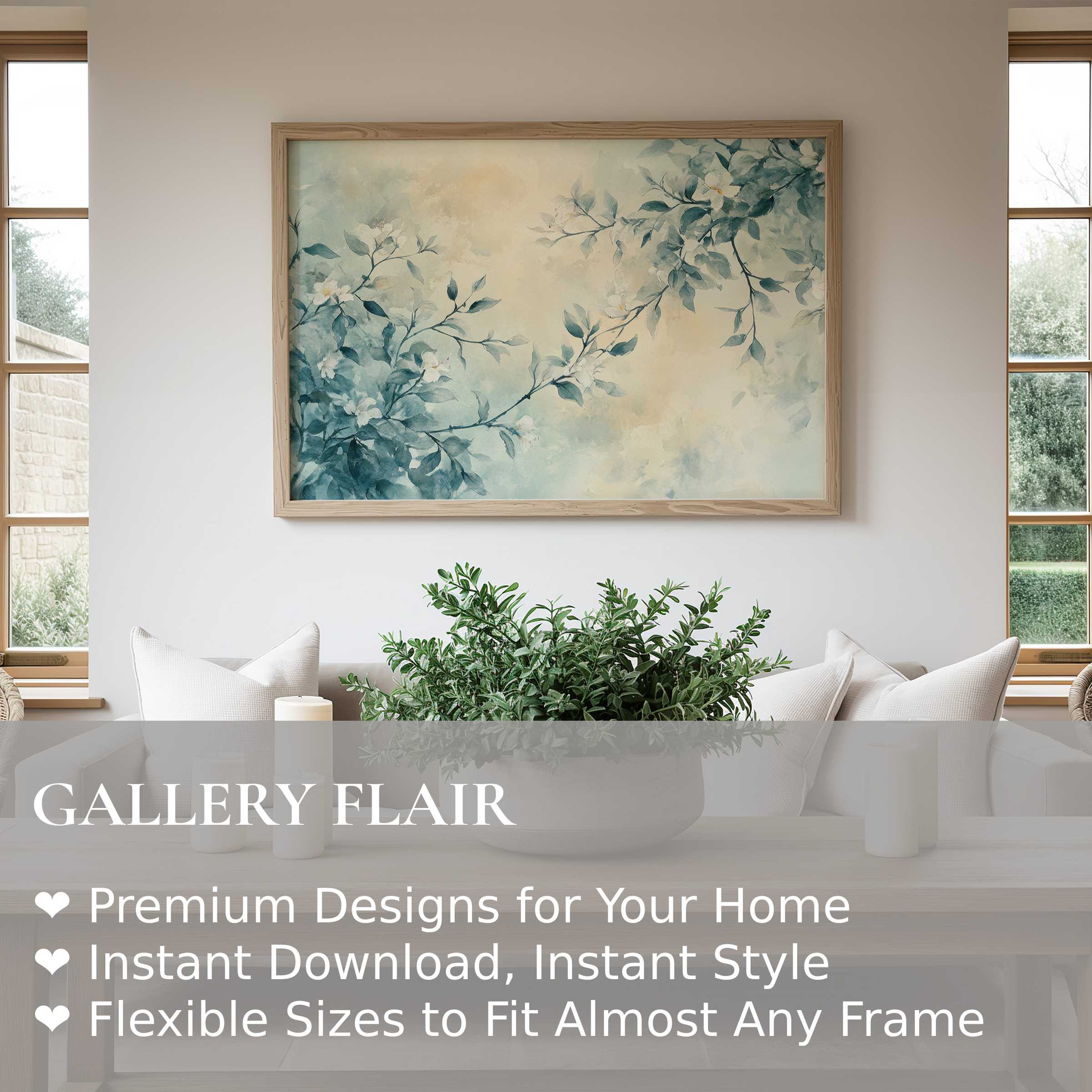 Serene floral wall art print with soft blue-green blossoms, enhancing modern minimalist interiors with calming, elegant botanical charm