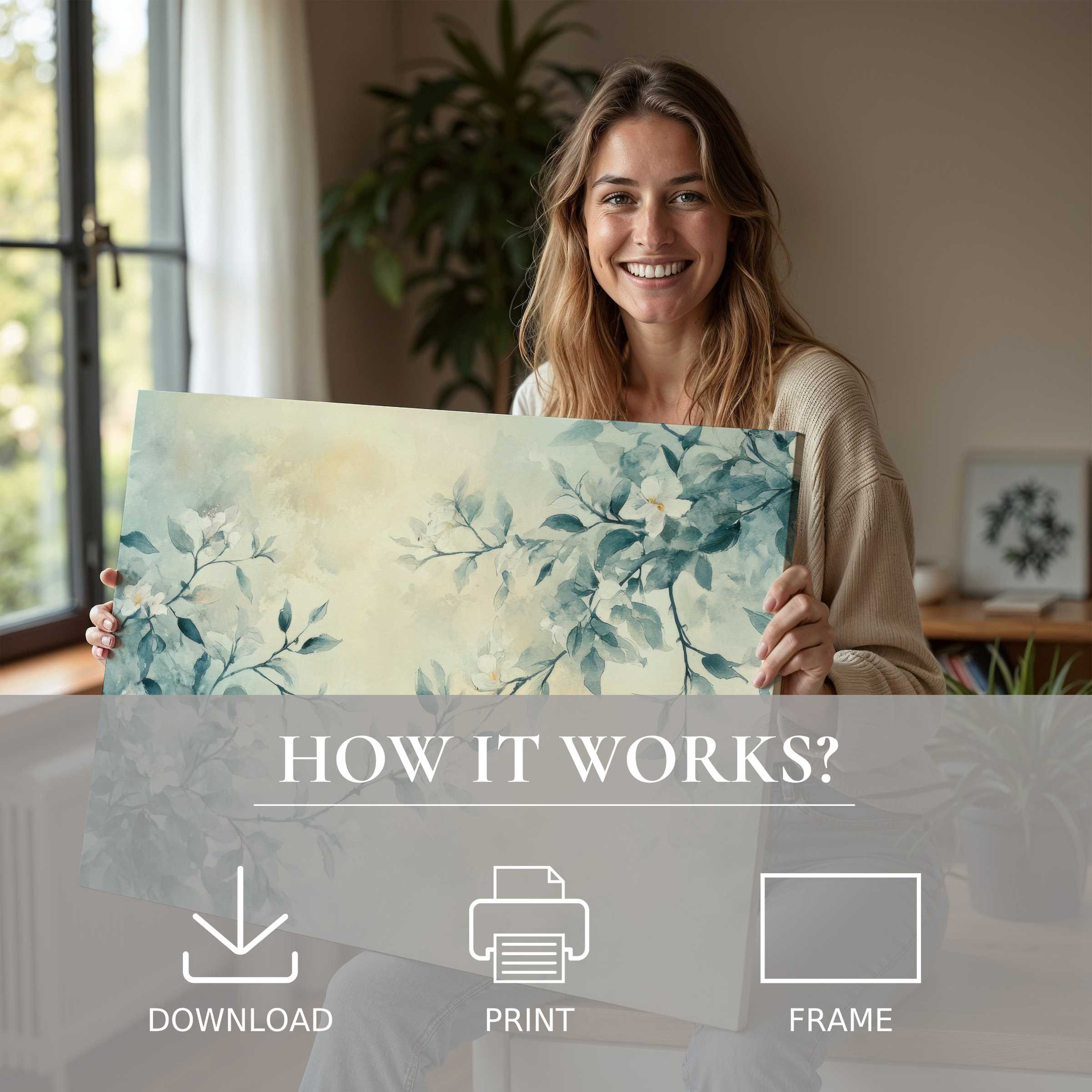 A serene moment of connection and joy as a woman embraces a floral digital art print, embodying effortless elegance in modern home decor