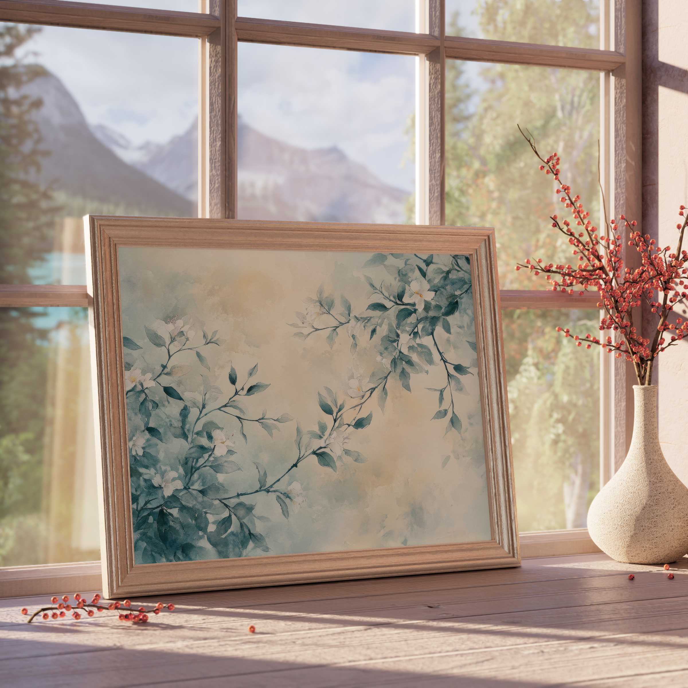 Serene floral downloadable art with muted teal blossoms, perfect for elevating tranquil, curated interiors in premium home decor