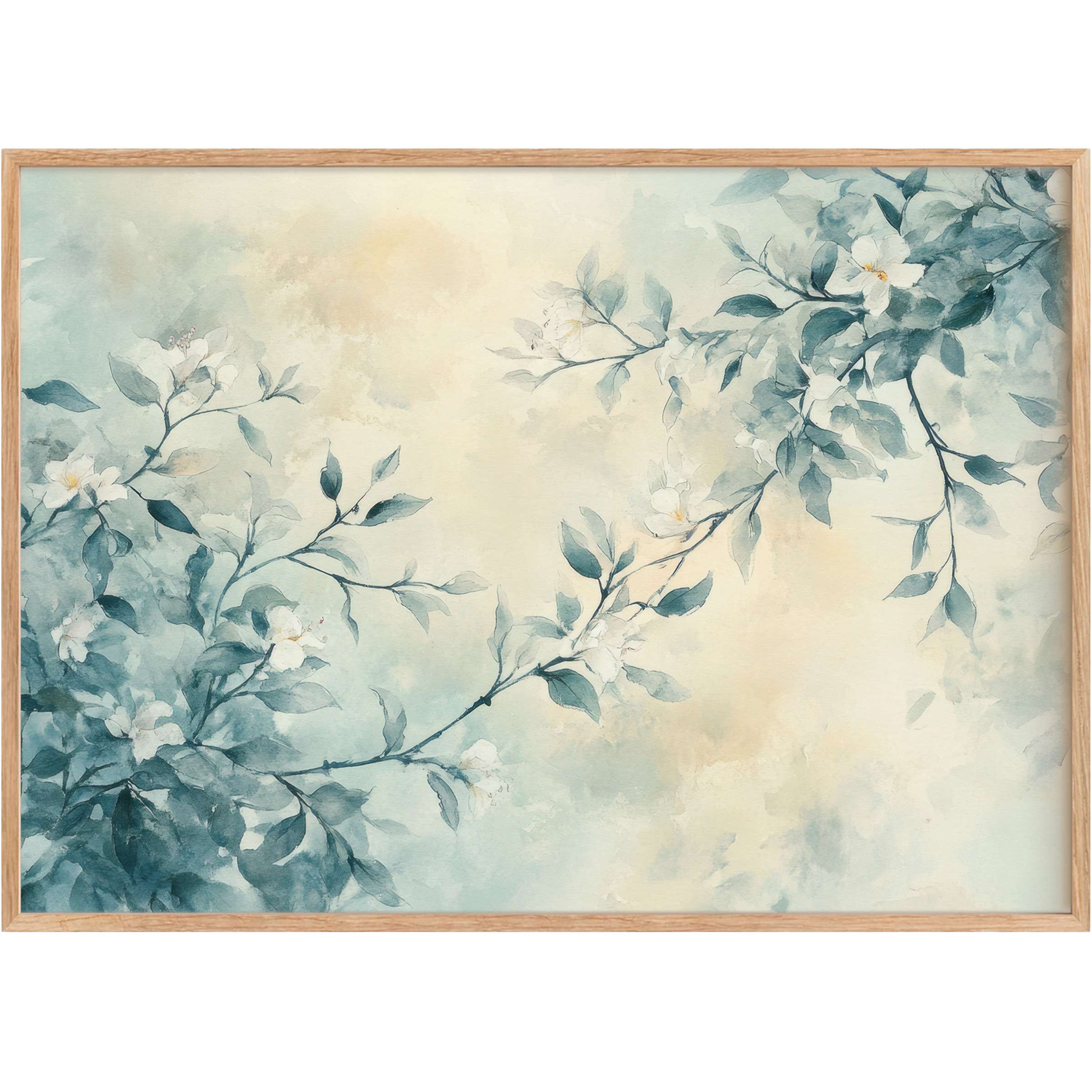 Ethereal floral printable wall art in soft blues and creams, evoking serene elegance and tranquil harmony for refined interiors