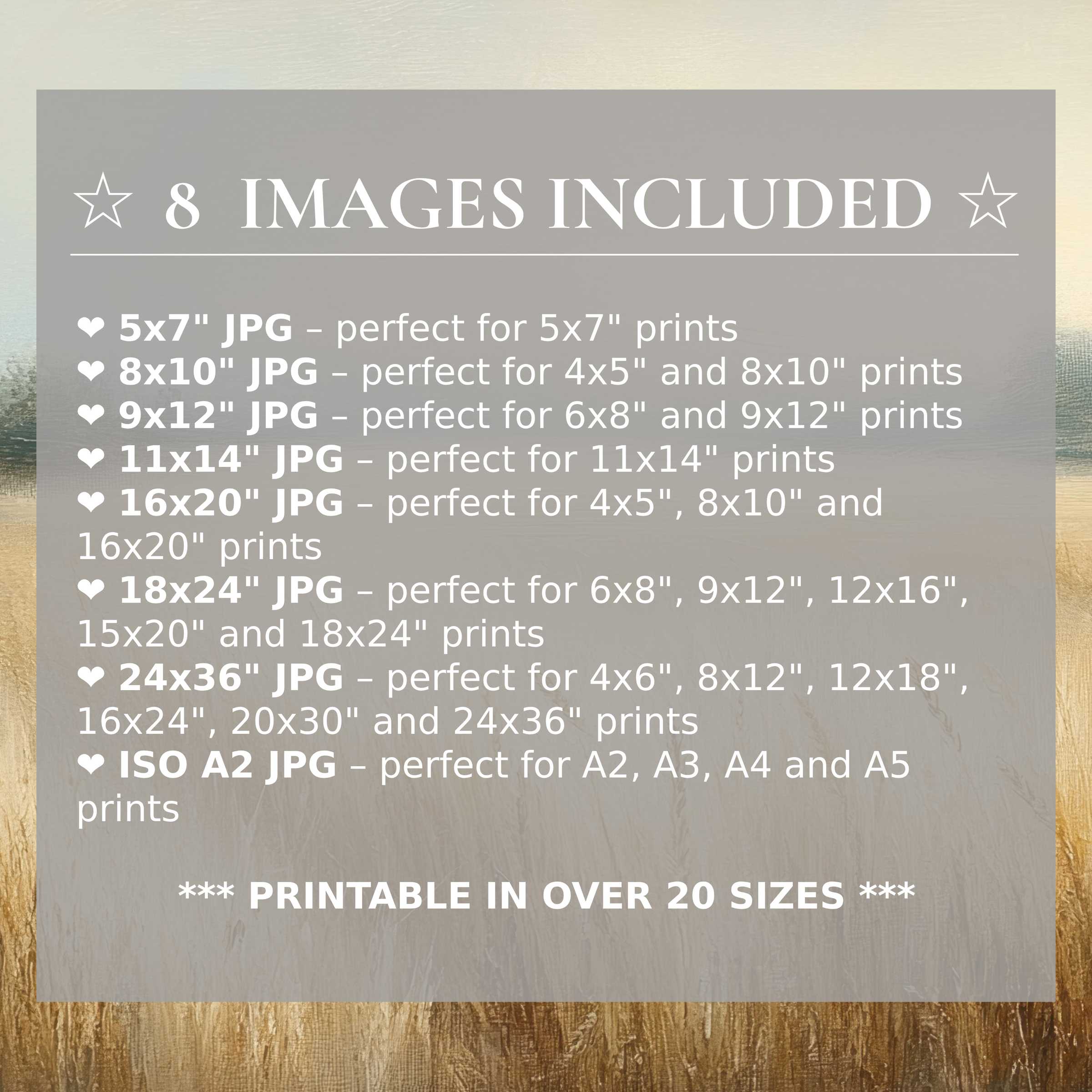 Farmhouse digital print featuring calming beige, soft blue, and warm gold hues, includes 8 high-quality sizes to elevate modern interiors with versatile elegance