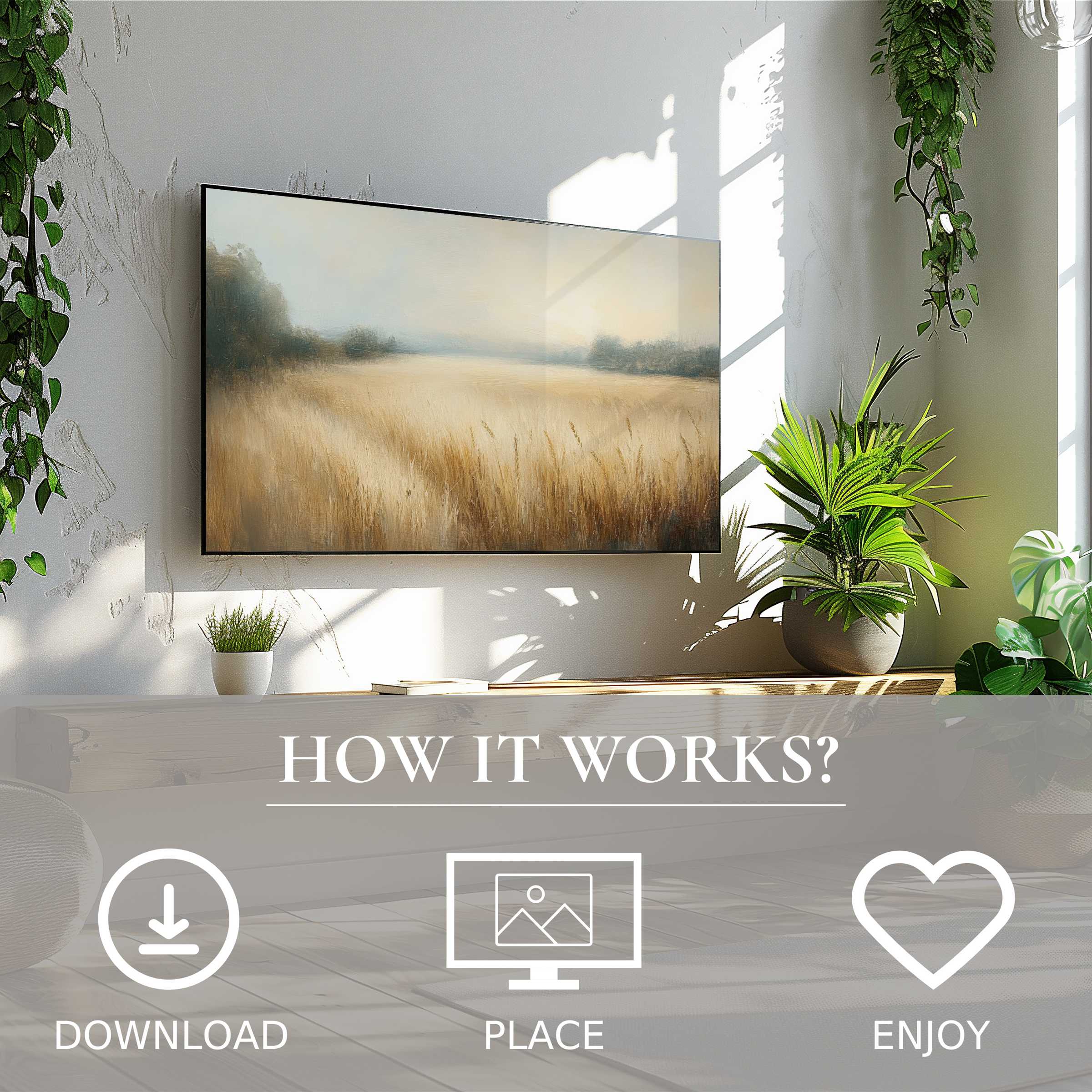 Farmhouse art for Samsung TV shows soft sunset tones on The Frame, easy digital download enriches any living space