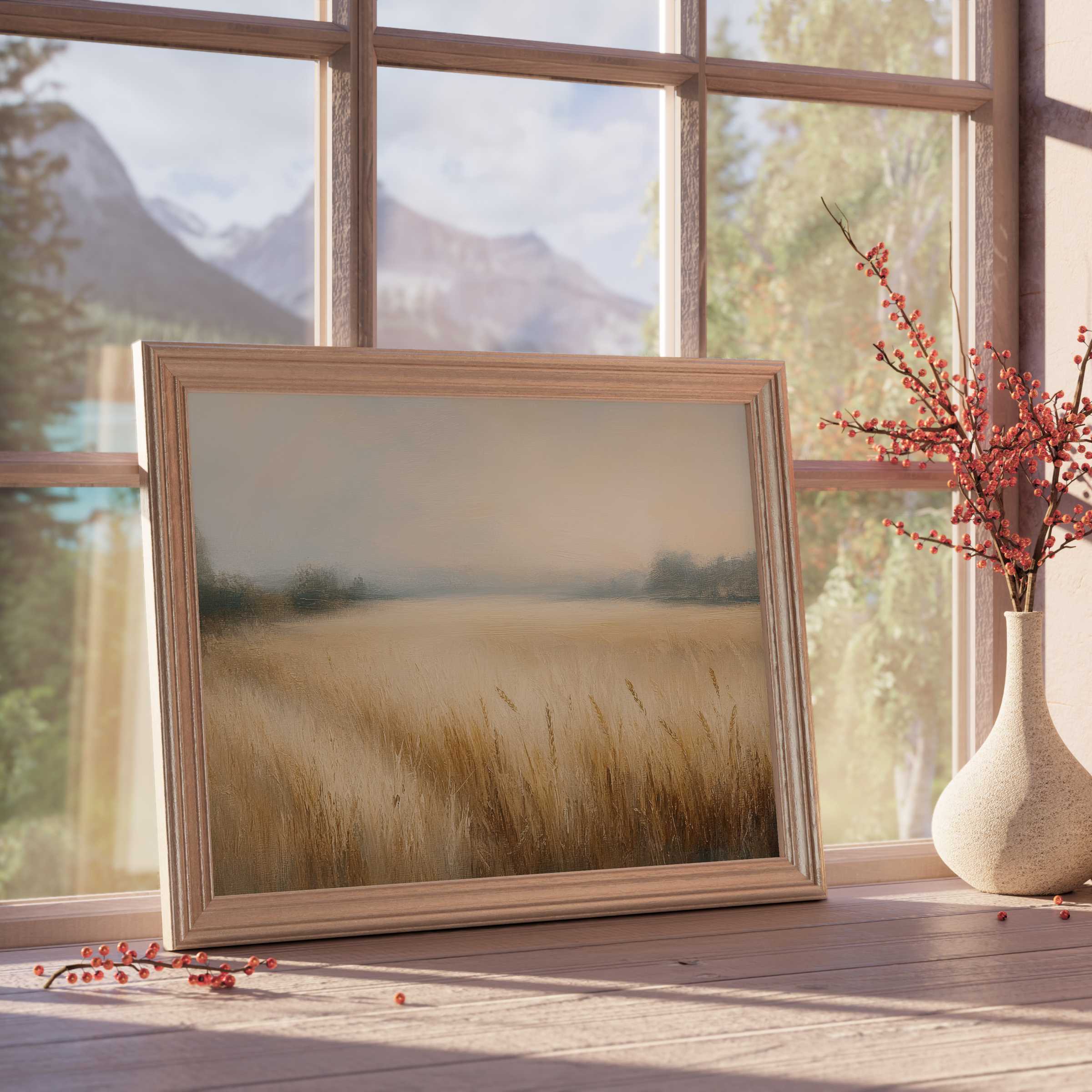 Farmhouse downloadable art capturing serene golden fields with soft mist, elevating tranquil, curated interiors with timeless rustic charm