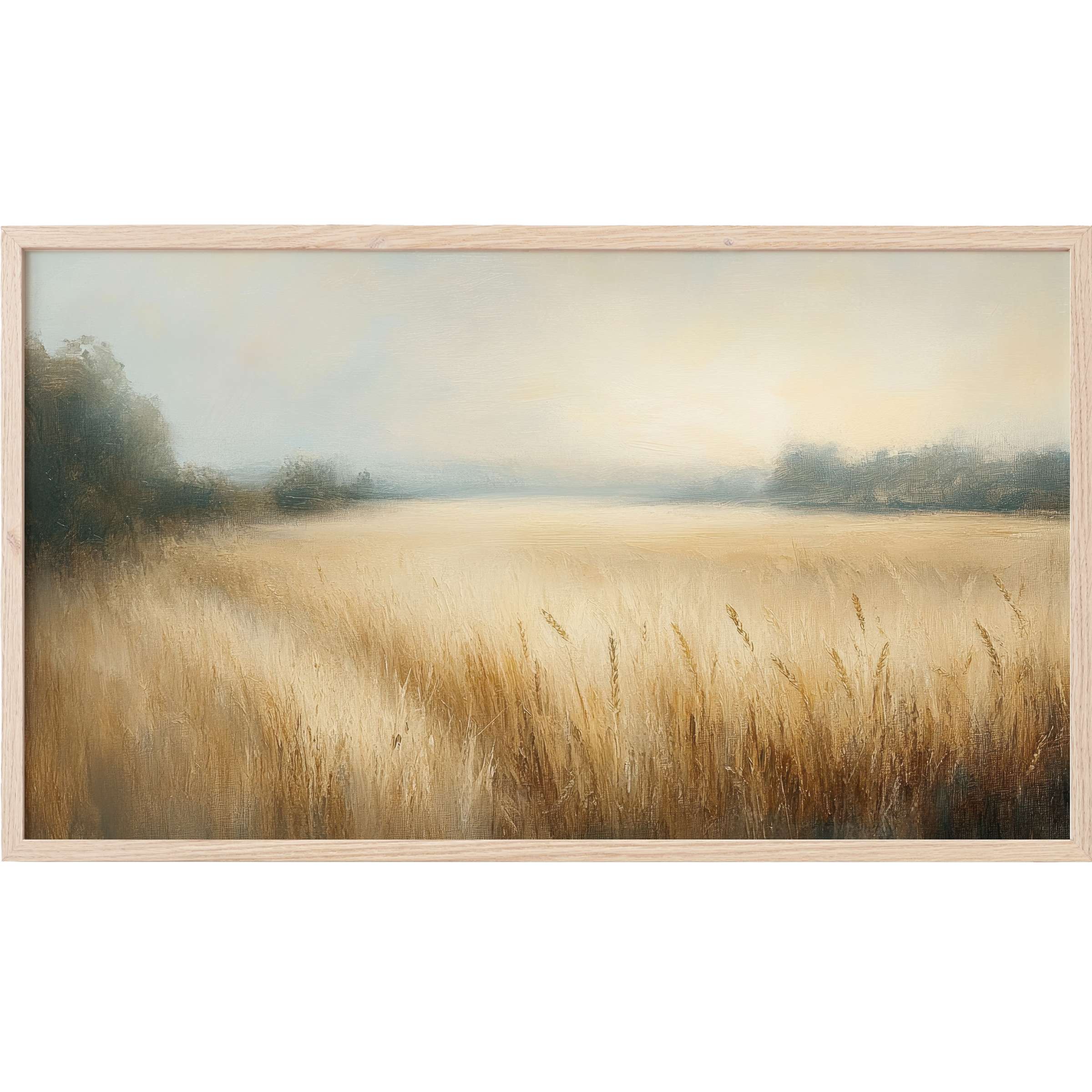 Serene wheat field at dawn in soft golds and muted blues, framed elegantly - Farmhouse Frame TV Art