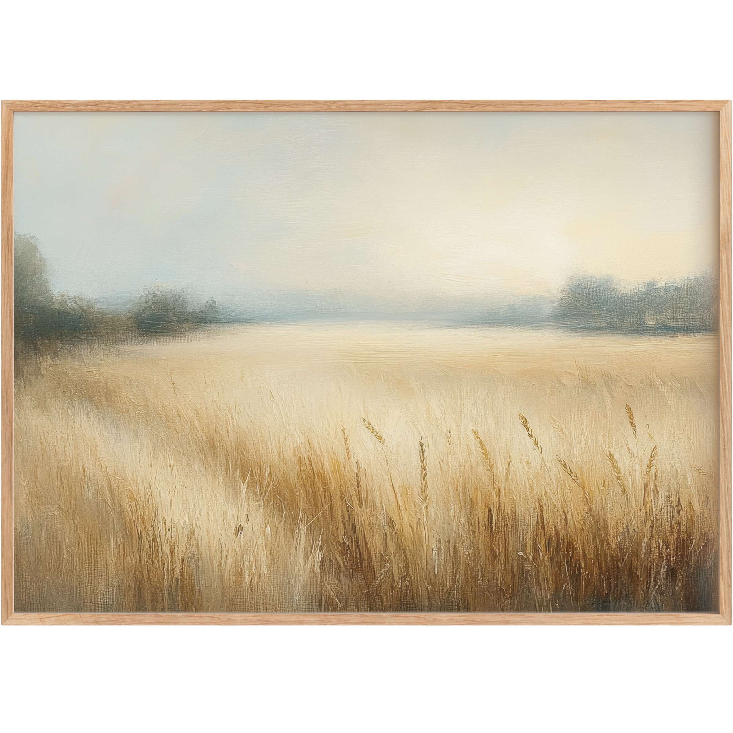 Serene farmhouse printable wall art with soft gold and muted blue hues, evoking a warm, calming countryside retreat