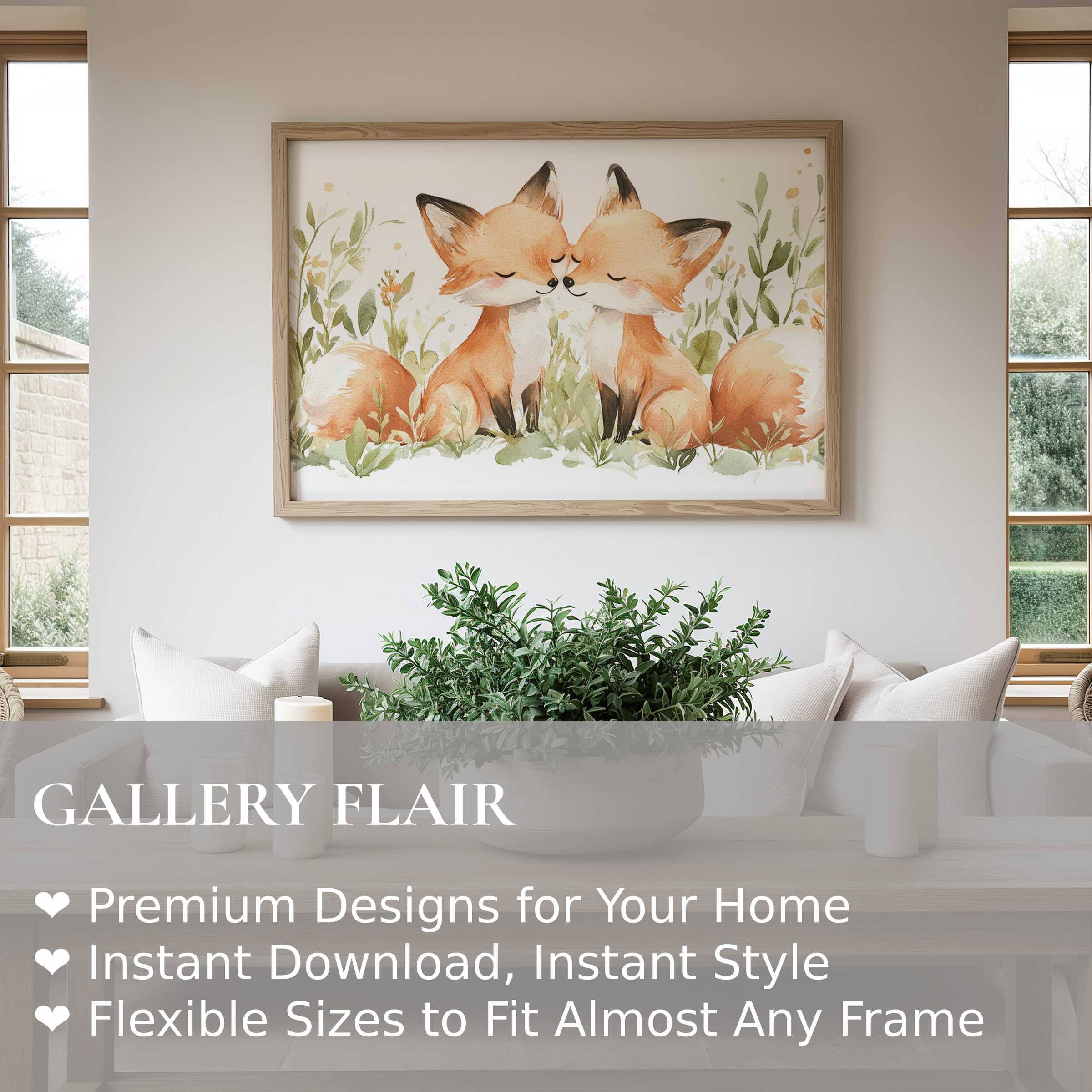 Nursery wall art print featuring tender twin foxes in soft watercolor hues, enhancing serene, modern farmhouse interiors with gentle charm