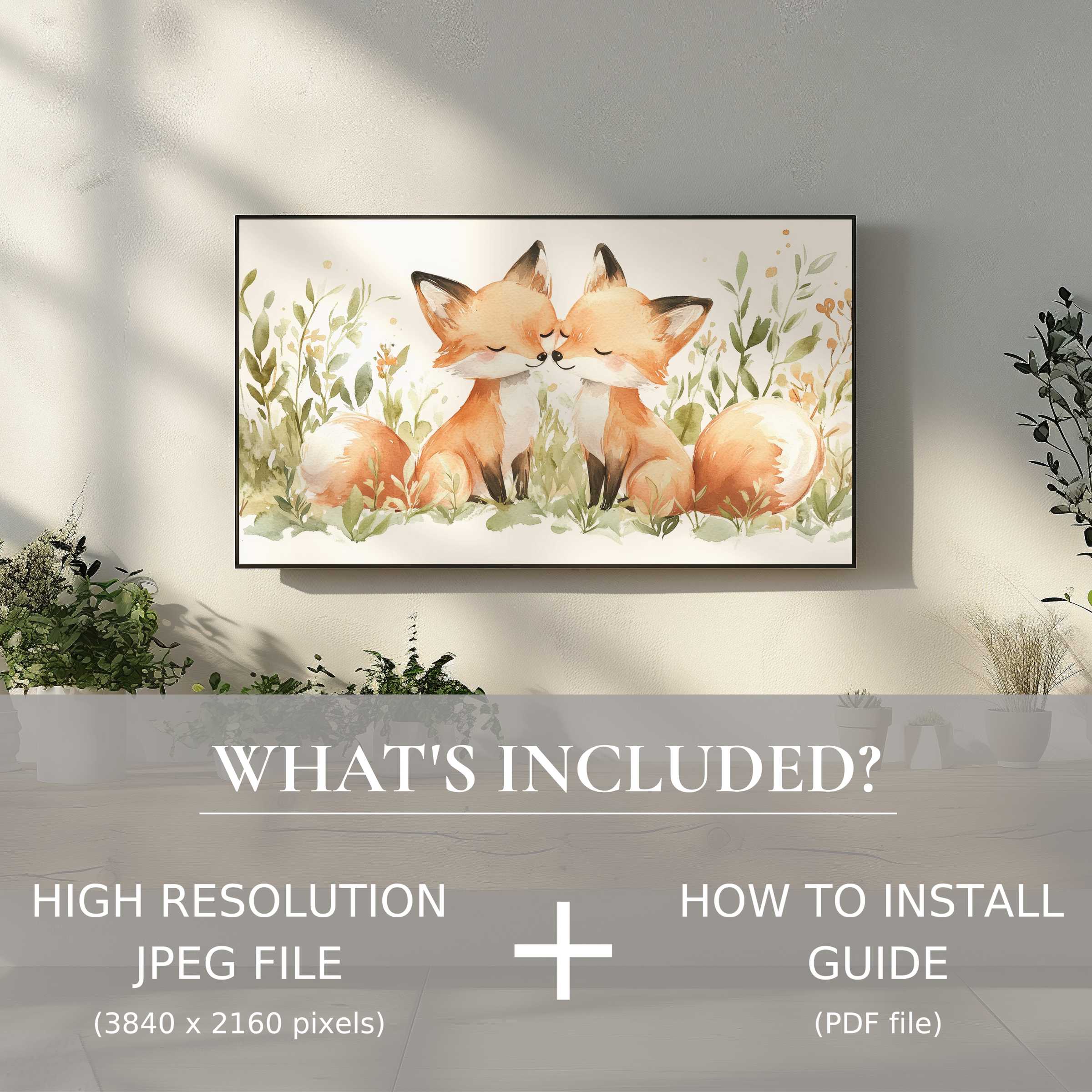 Elegant nursery digital TV art download featuring charming foxes, easy to use and elevates your stylish living space