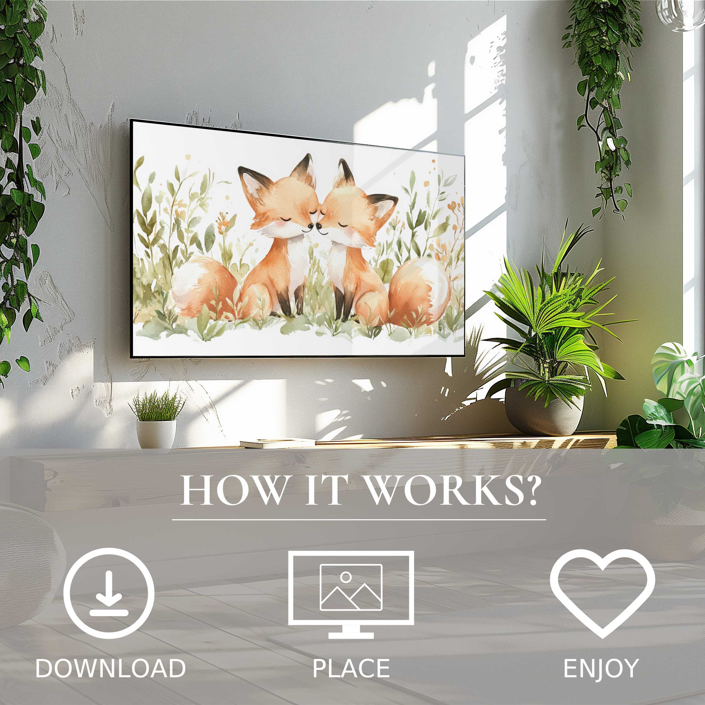 Nursery art for Samsung TV showing cozy foxes in soft earth tones, easy digital download enriches modern spaces