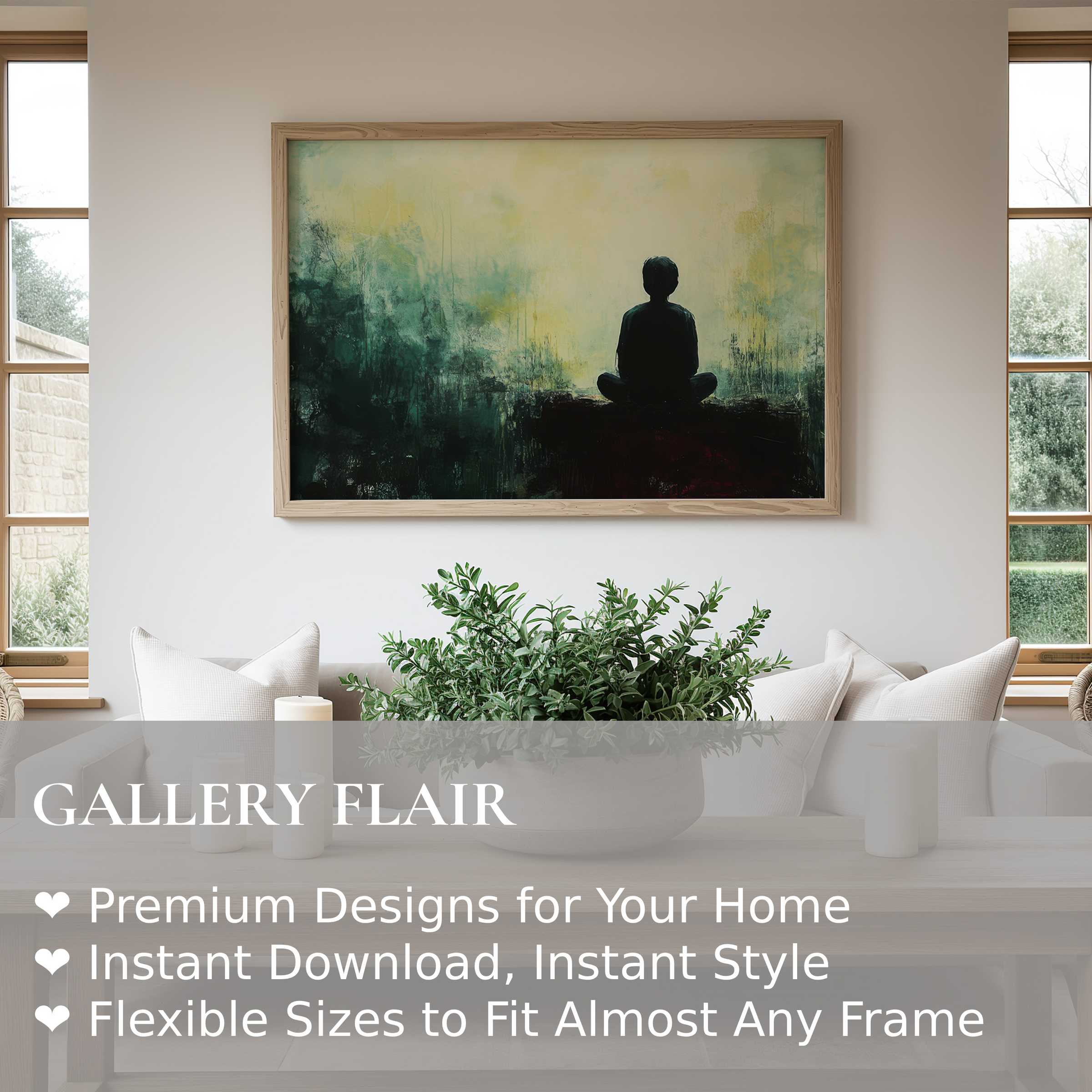 Modern wall art print featuring a serene silhouette in moody greens and yellows, elevating minimalist, nature-inspired interiors with calming, contemplative allure