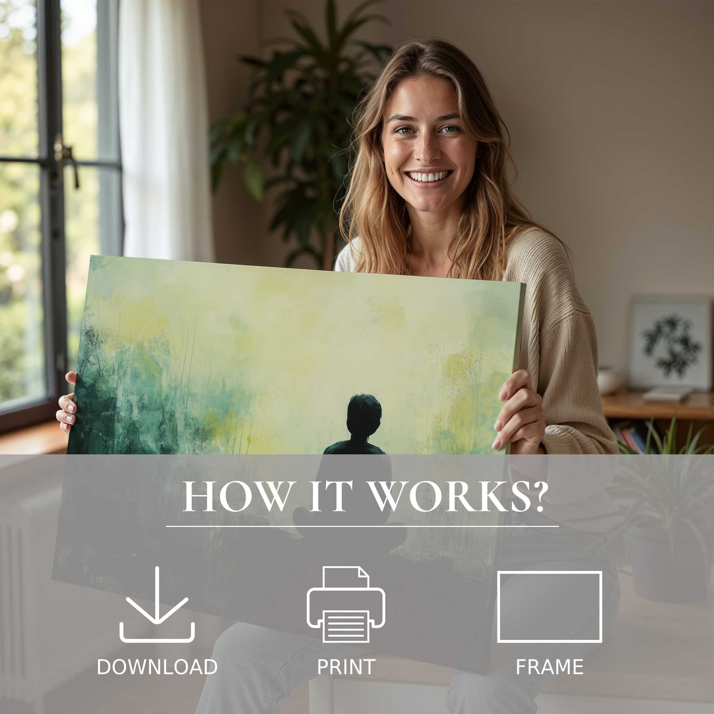 A serene moment of joy and connection with a modern digital art print, elevating stylish home living spaces