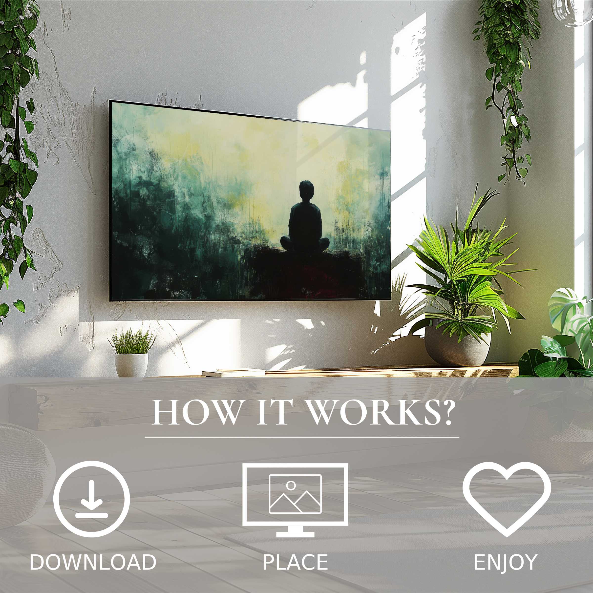 Modern art for Samsung TV with serene silhouette motif, easy digital download, enriching minimalist, plant-filled living spaces