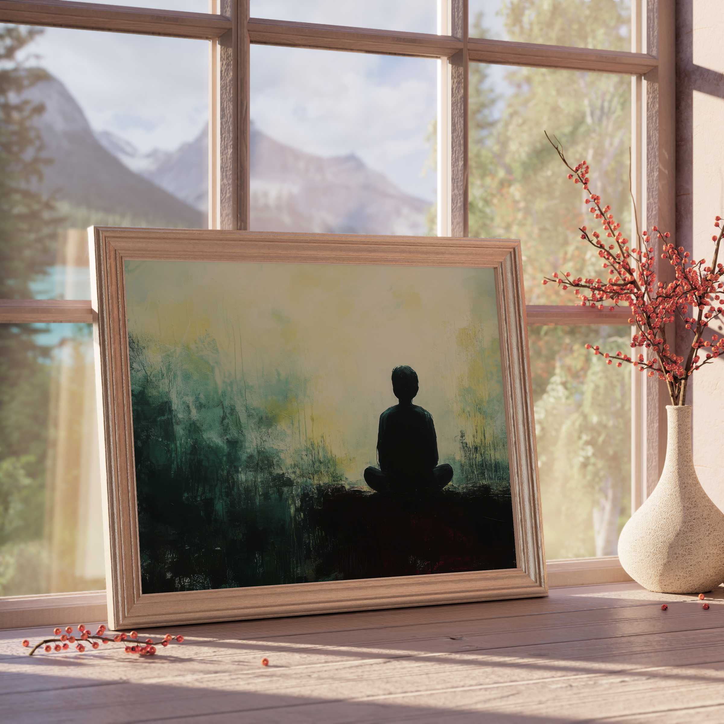 Modern downloadable art capturing serene solitude, enriching tranquil interiors with a meditative vibe and elegant, nature-inspired hues