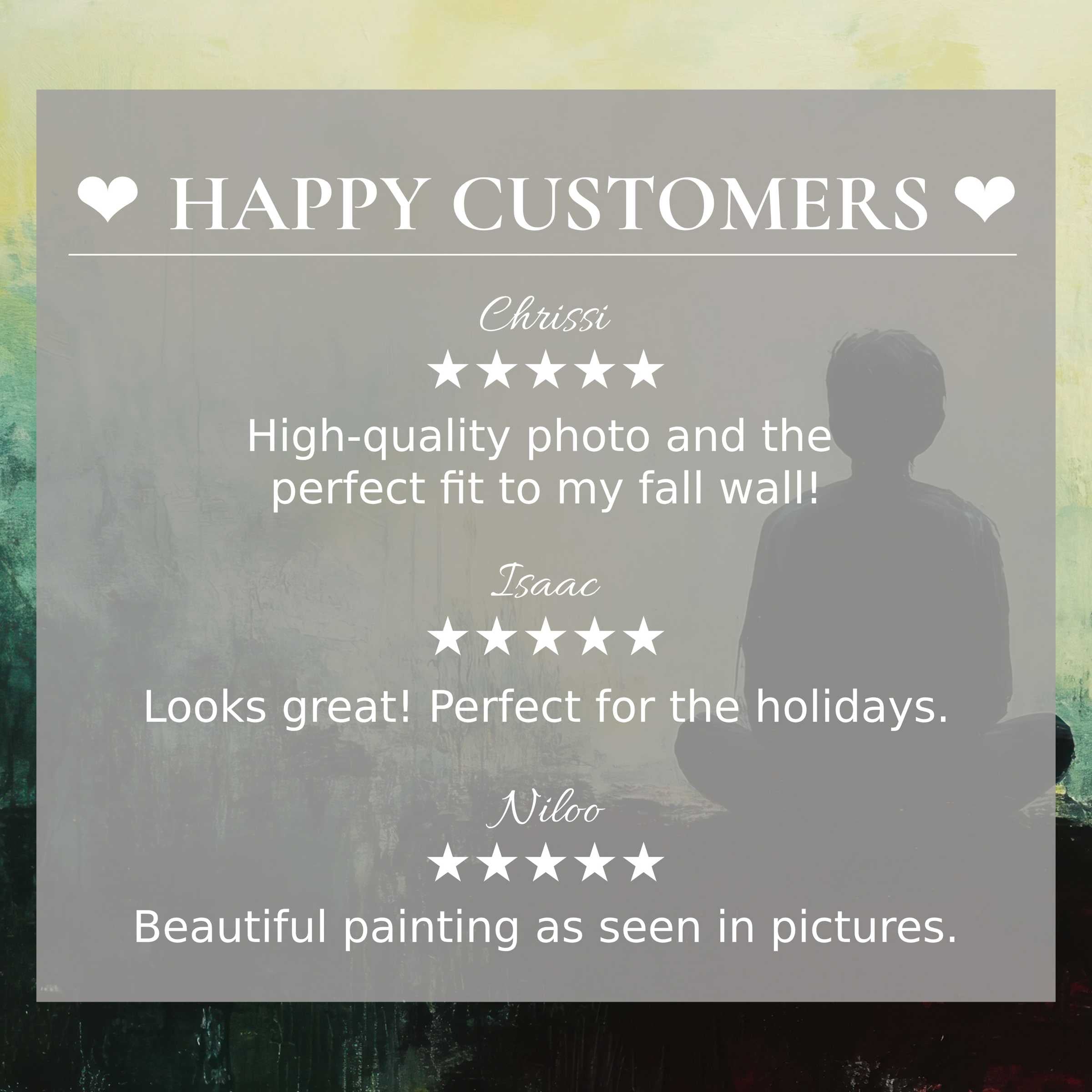 Modern art for Frame TV with abstract sunset hues, showcasing happy customer reviews and elegant trust-building design