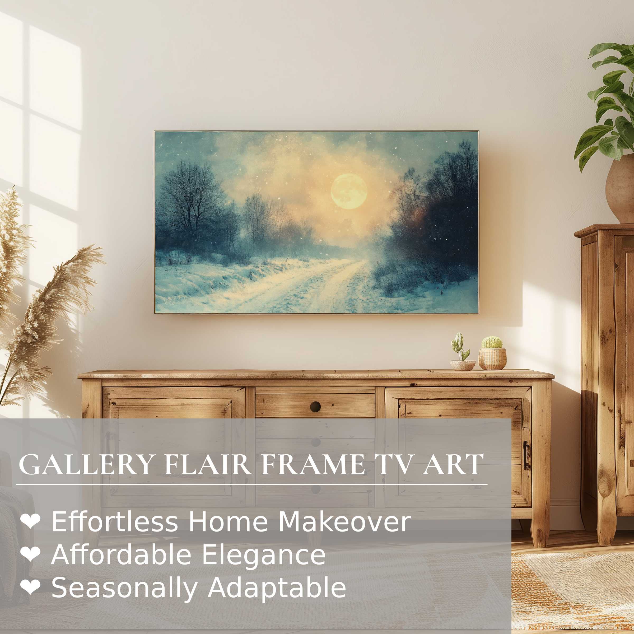 Samsung Frame TV displays serene winter digital artwork in a modern, elegant living space with natural wood accents