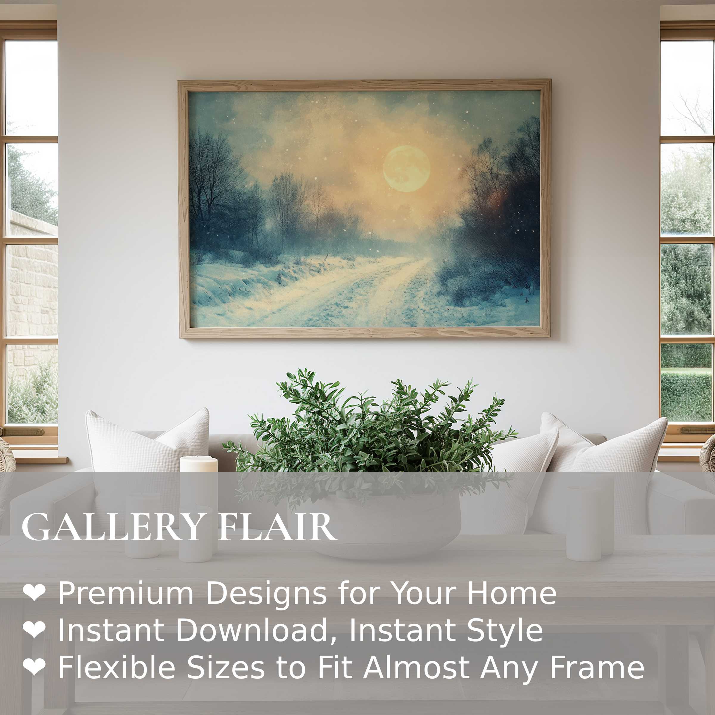 Winter wall art print featuring a radiant moonlit snow scene with calming blues and soft textures, enhancing modern farmhouse interiors