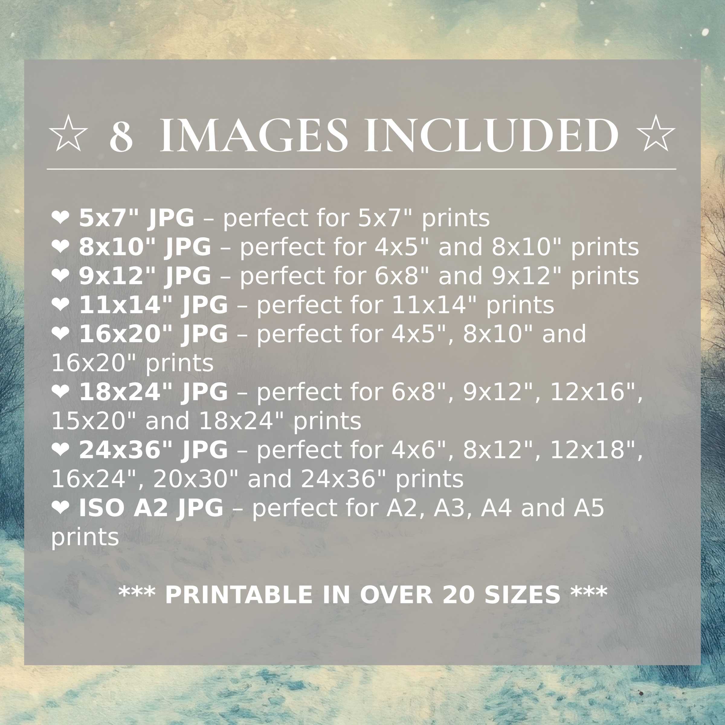 Radiant winter digital print in soothing blues and soft neutrals, elevating modern interiors with style and included 8-size flexibility