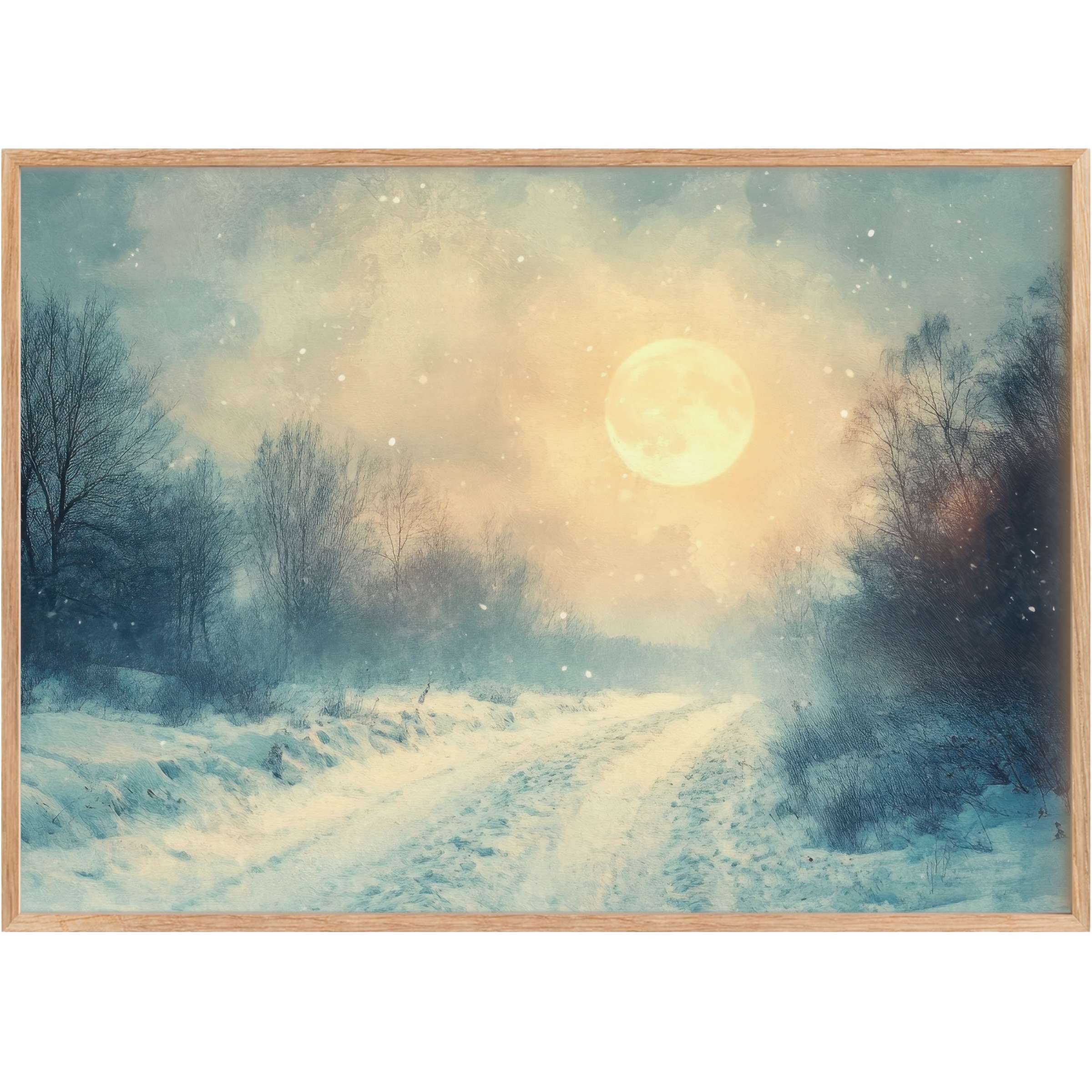 Winter printable wall art capturing a serene moonlit snowy path in soft blues and warm golds, evoking calm and elegance