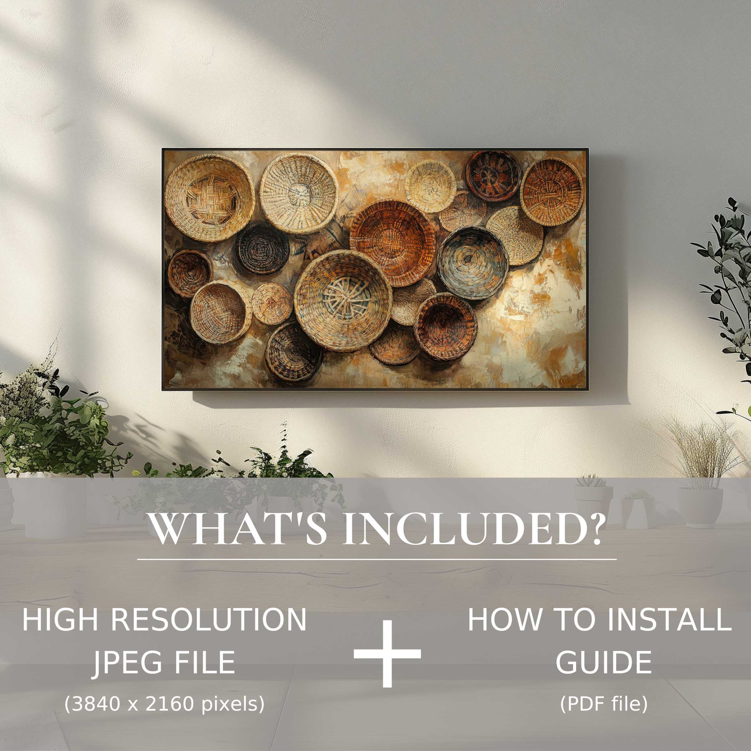 Elegant boho digital TV art download featuring woven baskets, enhances living spaces with easy digital use and chic style