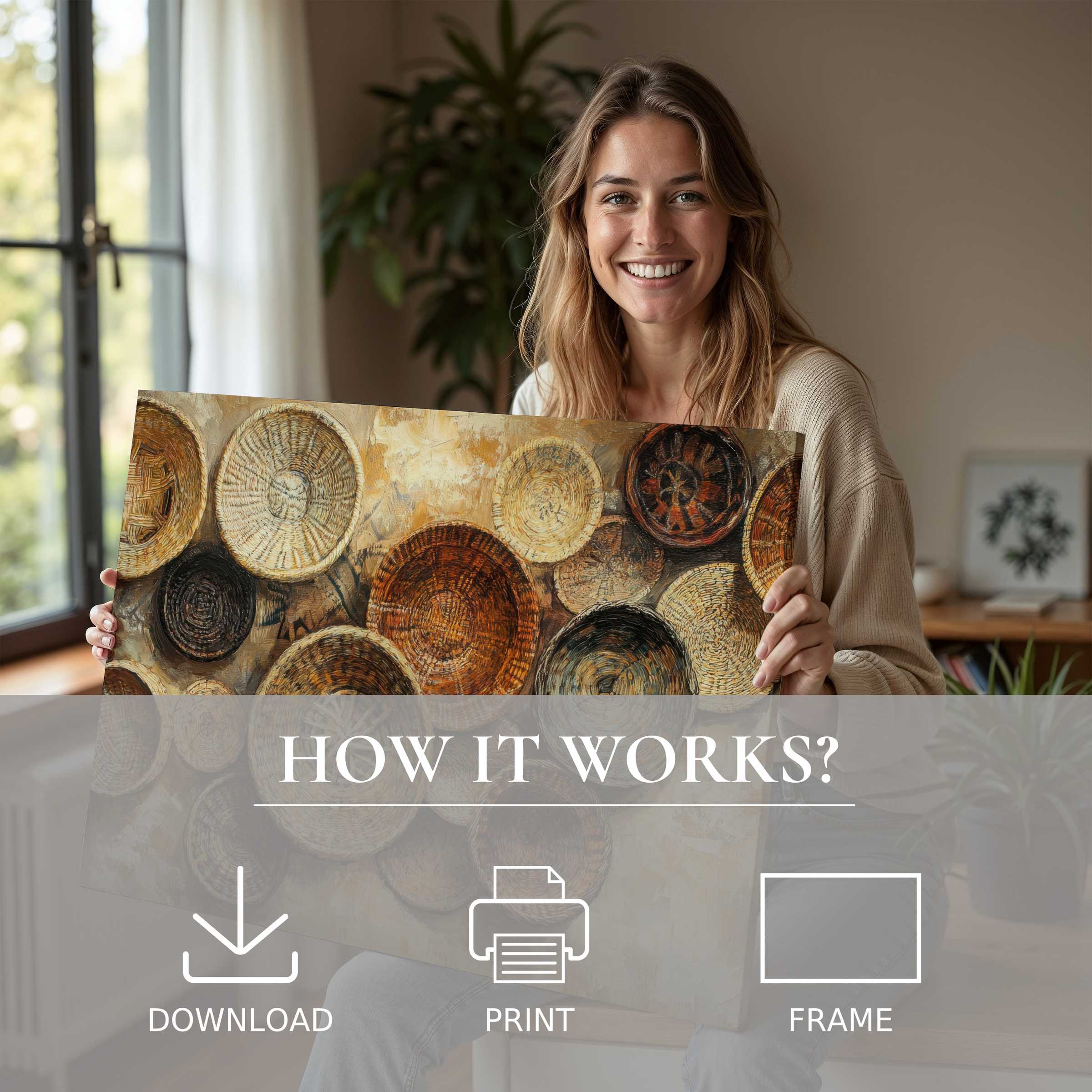 Radiant joy illuminates a modern home as boho digital art print invites warmth and effortless elegance into living spaces