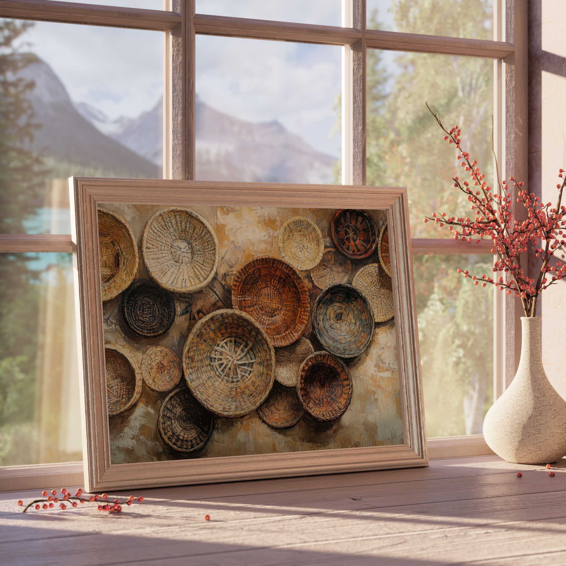 Boho downloadable art featuring textured woven baskets in warm earth tones, enhancing tranquil, curated interiors with artisanal charm