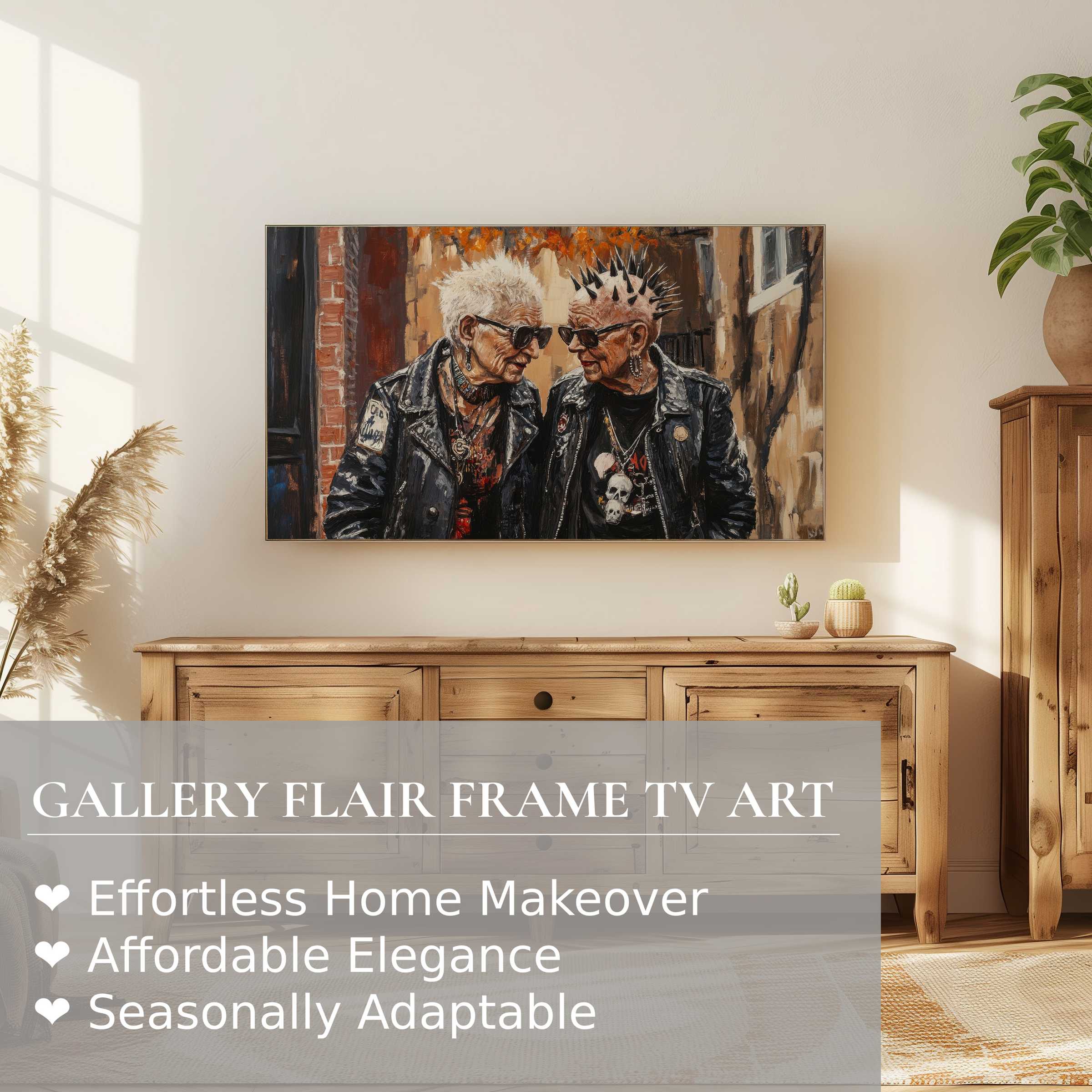 Samsung Frame TV displays vibrant street art digital artwork of stylish elders in a chic, modern living space