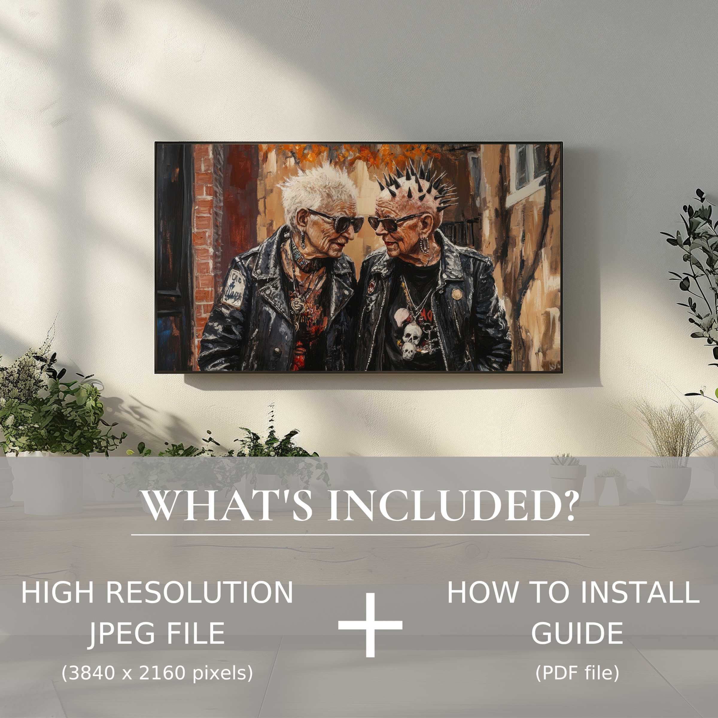 Chic living room with street art digital TV art download, easily enhancing spaces with bold, stylish digital artwork