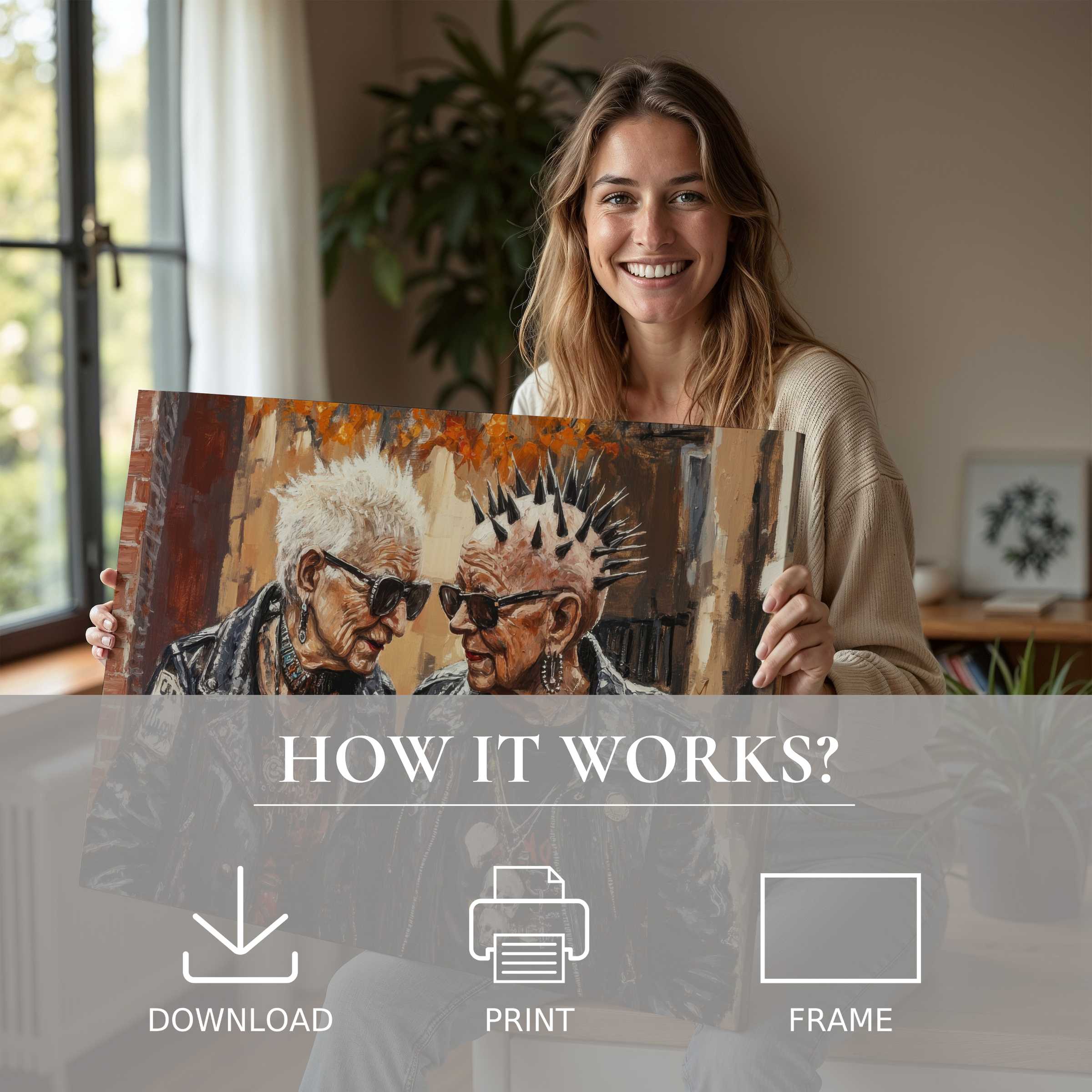 A joyful moment in a modern home where street art digital art print brings warmth and character to stylish living
