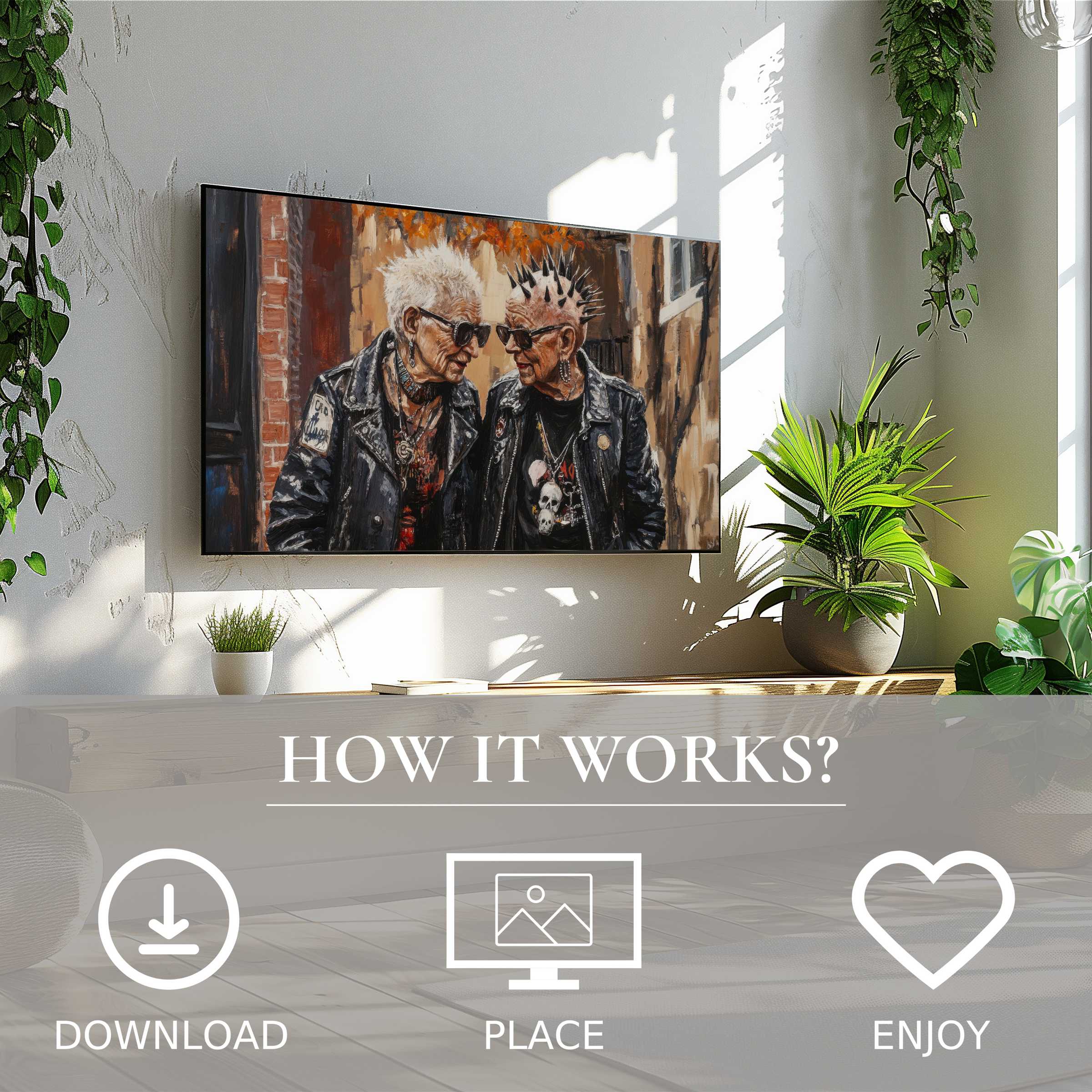 Modern living room with street art for Samsung TV showing punk duo motif; easy digital download enriches your space