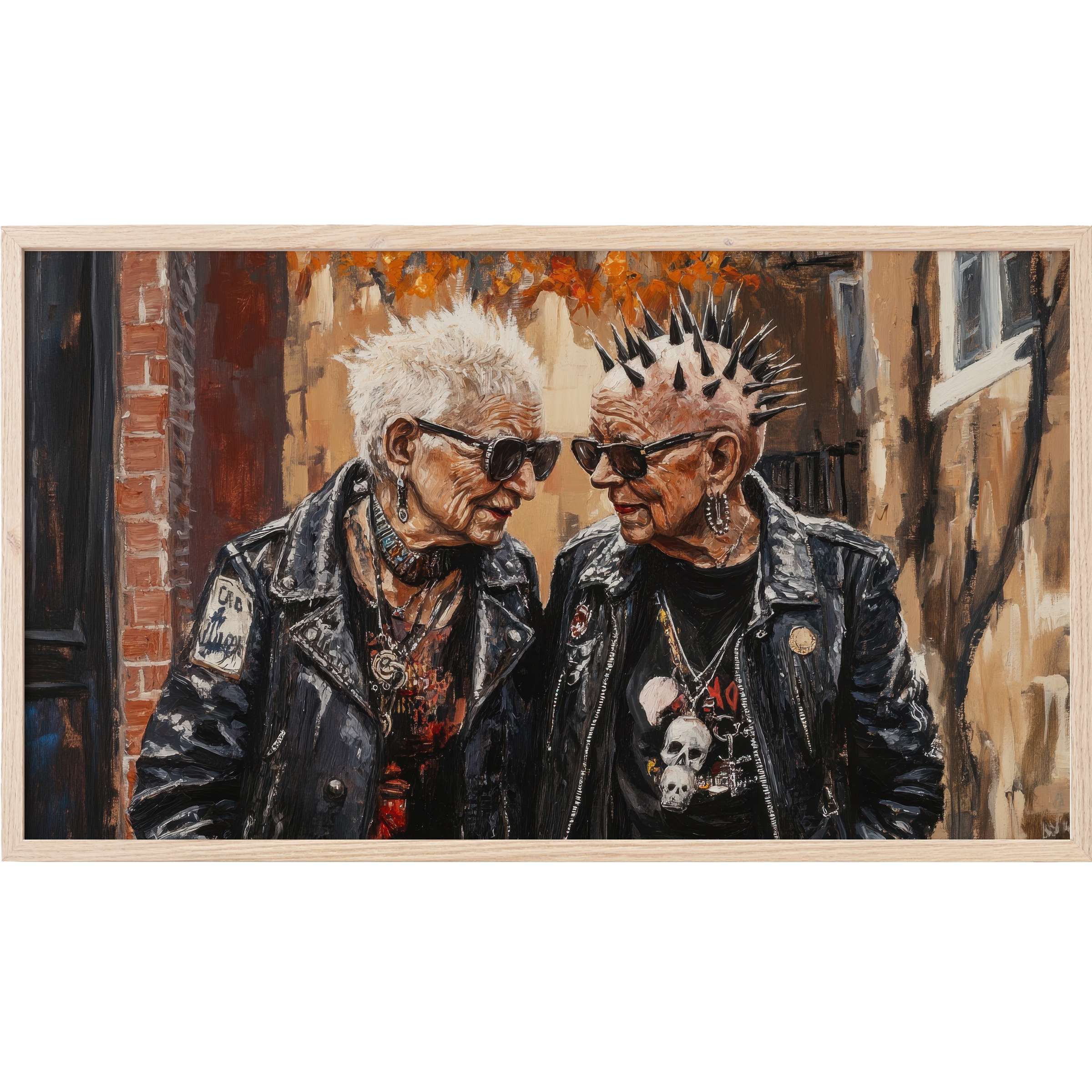 Two elderly punks in black leather jackets converse warmly, rich textures and muted urban hues, street art Frame TV Art