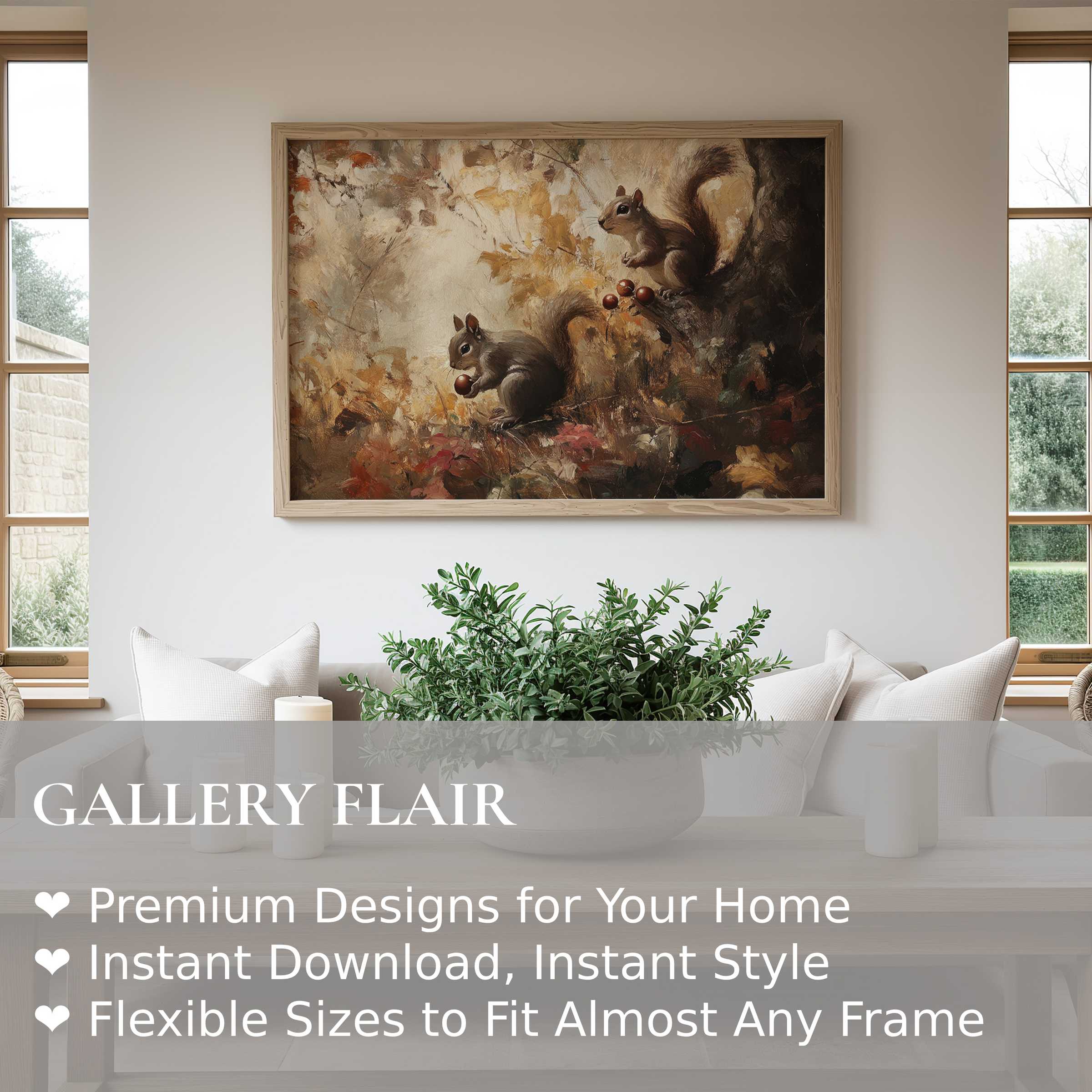 Fall wall art print featuring playful squirrels in warm, earthy tones, enhancing cozy modern farmhouse decor with rustic charm