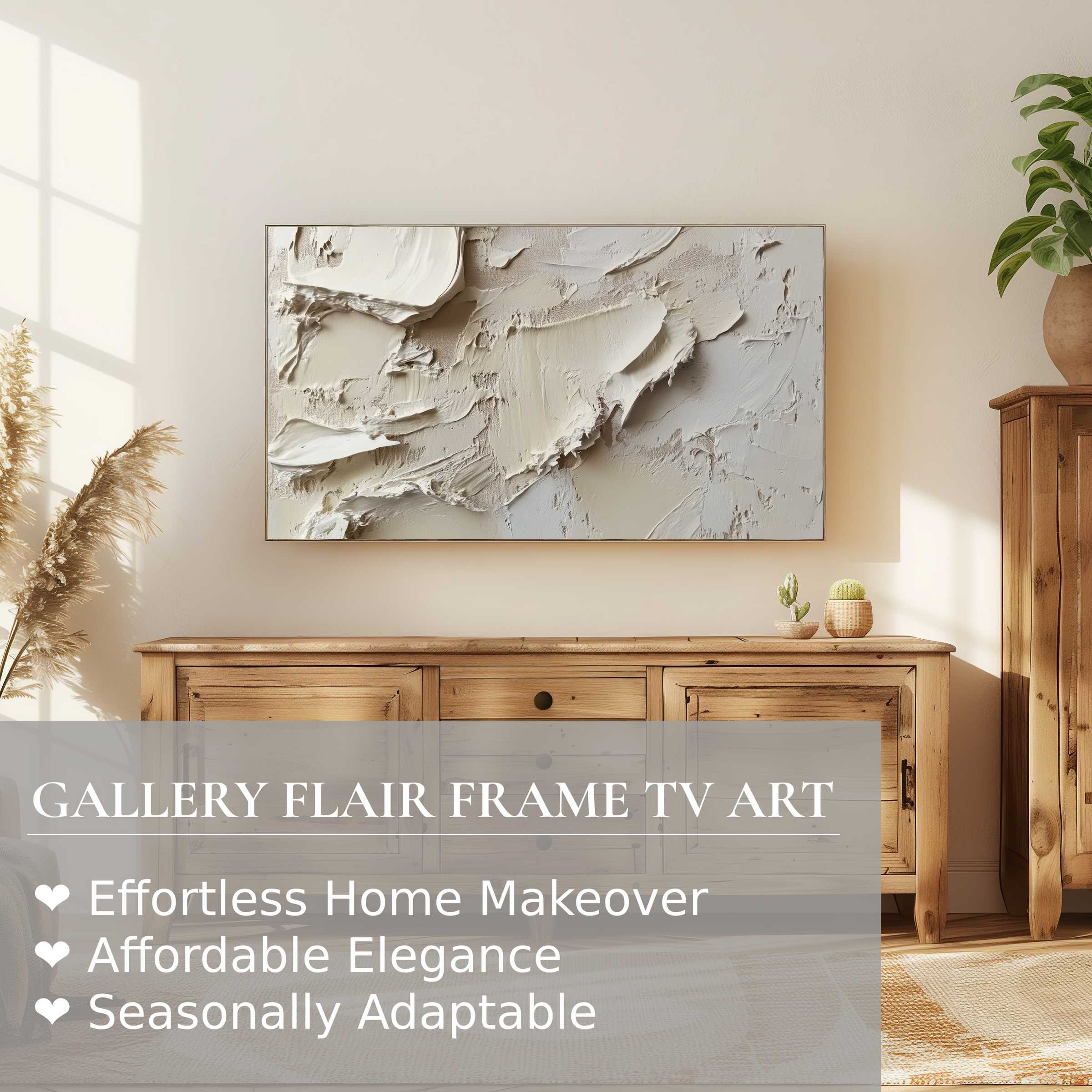 Samsung Frame TV displaying neutral digital artwork in a sunlit, modern living space with natural wood furniture