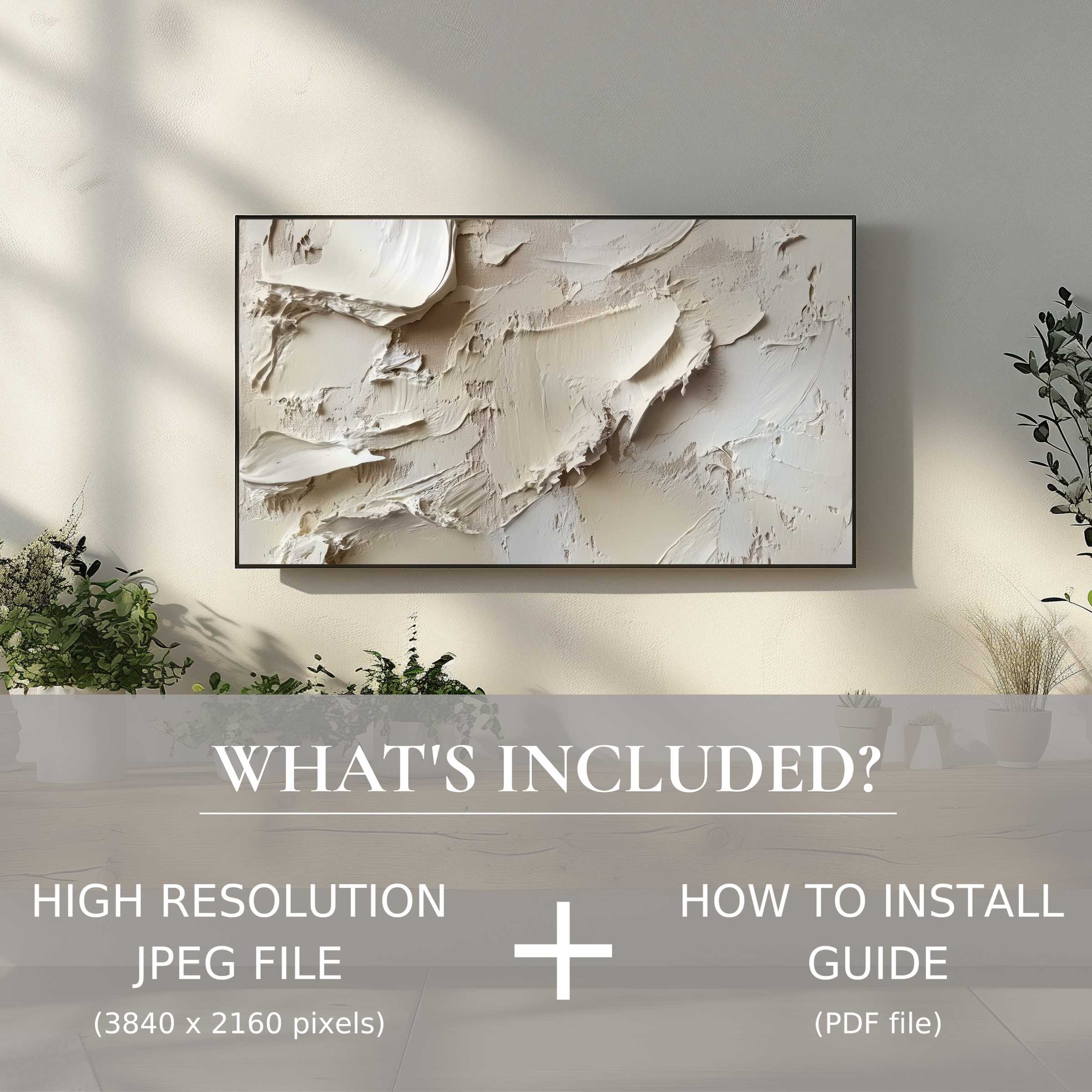 Elegant living room with neutral digital TV art download; easy use enhances style and modern decor ambiance