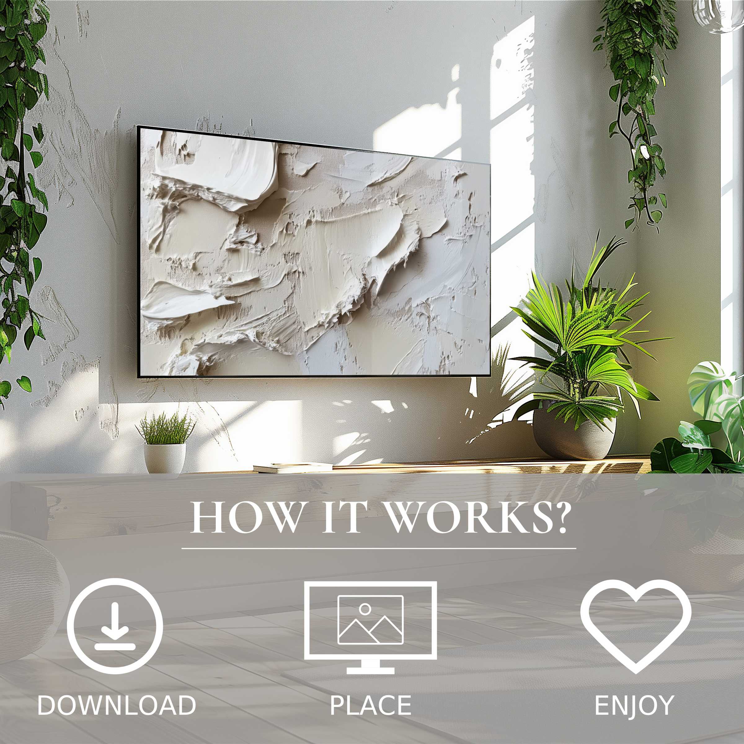 Neutral art for Samsung TV shows textured plaster motif; easy digital download enriches modern living spaces with simplicity