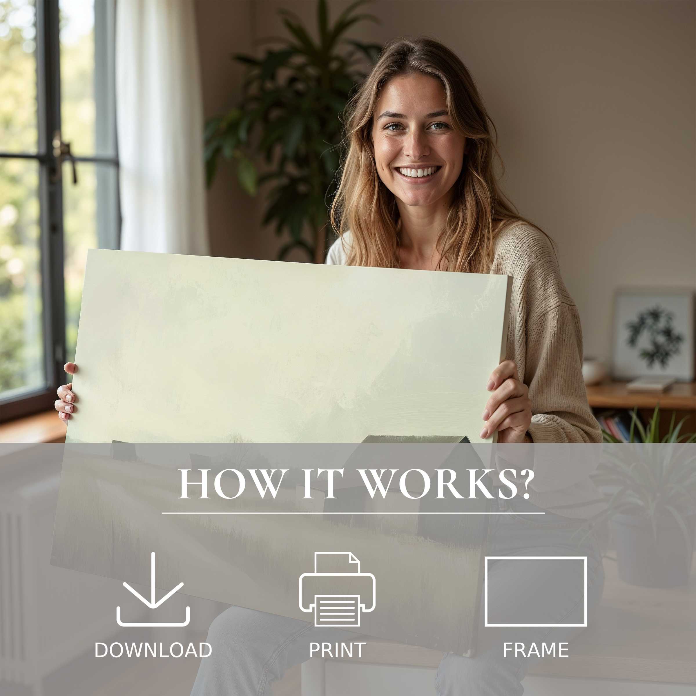 A joyful moment in a modern home where a serene landscape digital art print transforms space with effortless elegance and warmth