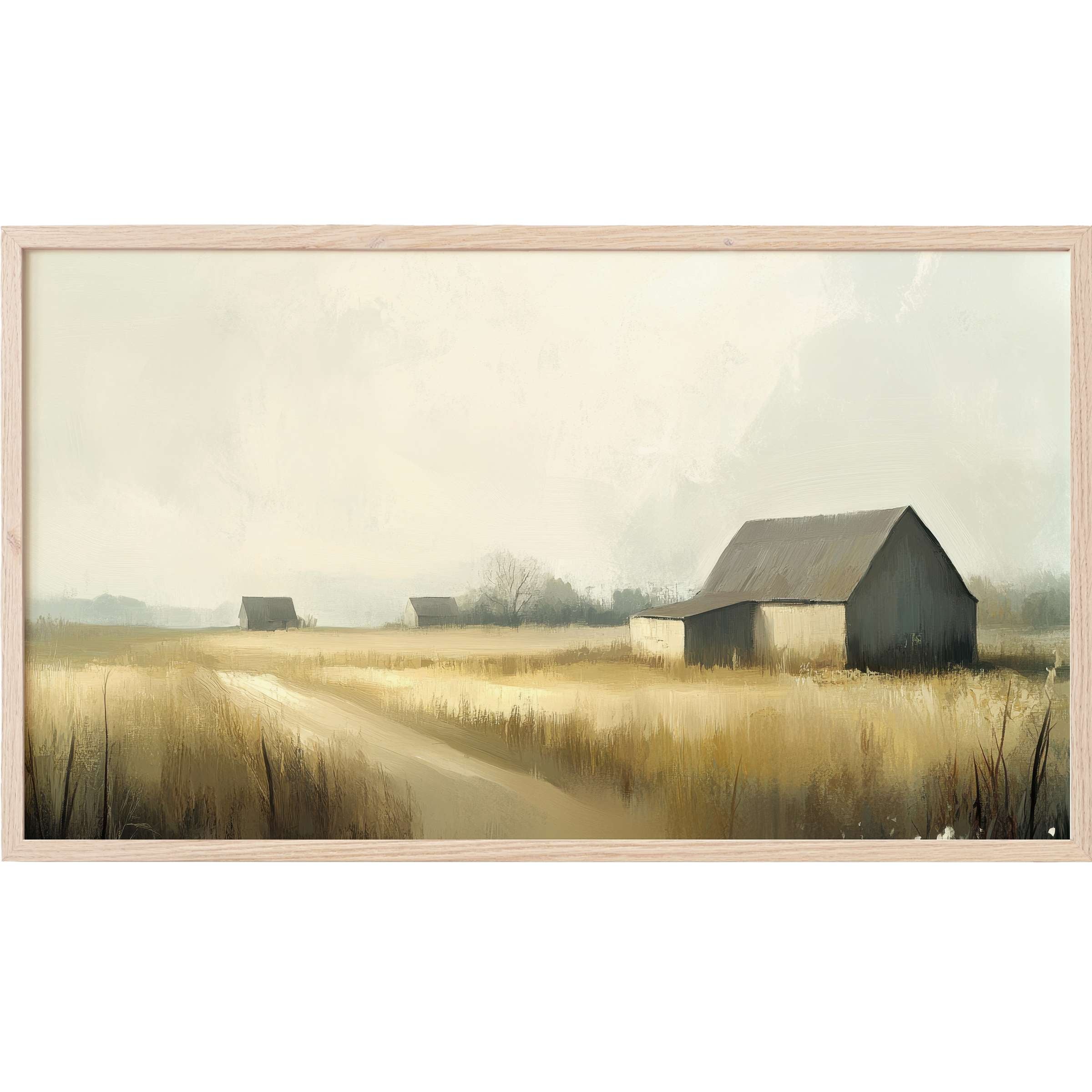 Serene rural scene with muted earth tones and soft light in a minimalist, elegant landscape Frame TV Art
